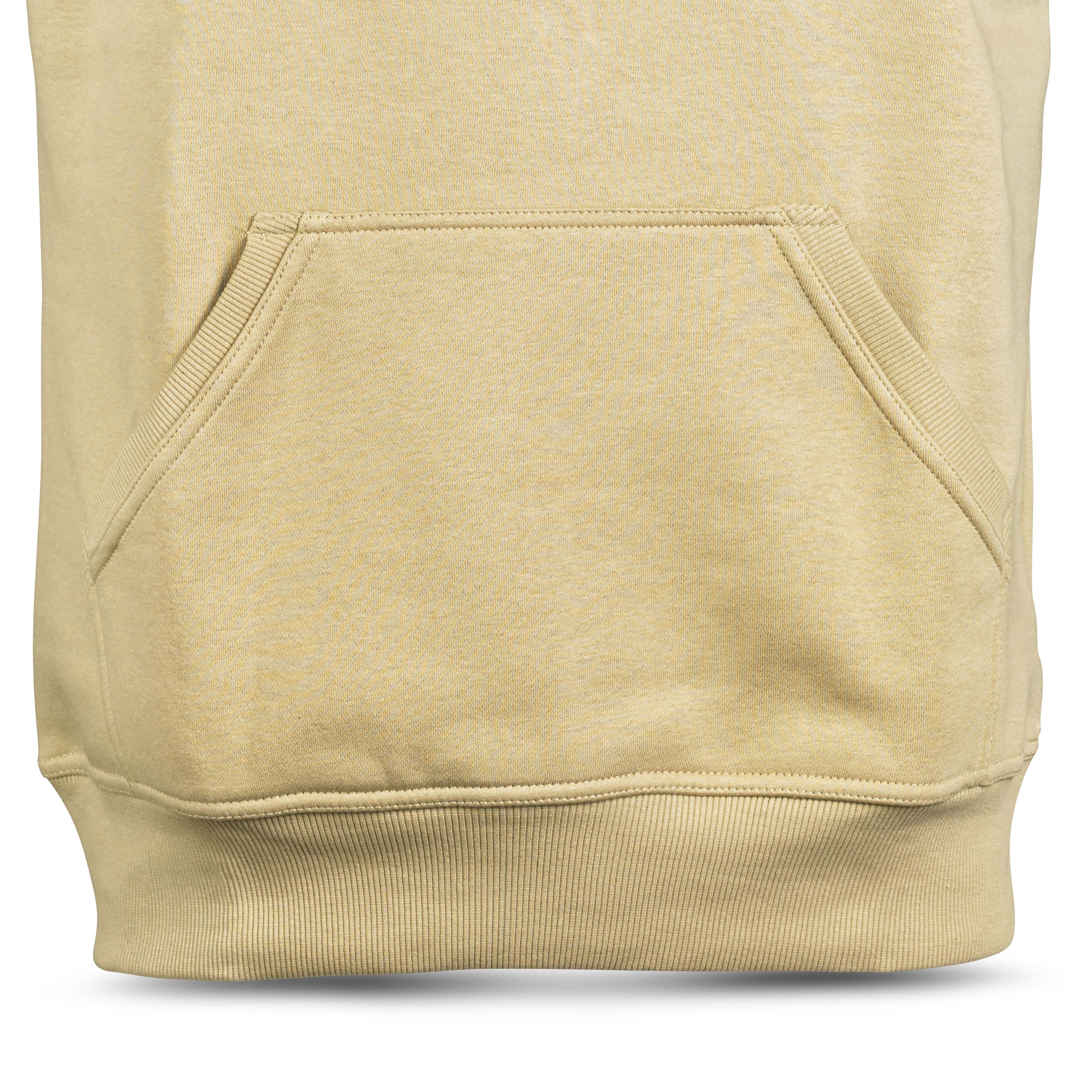 Closeup of beige Hoodie Basic Select v24 leisure wear, showing kangaroo pocket and ribbed hem.