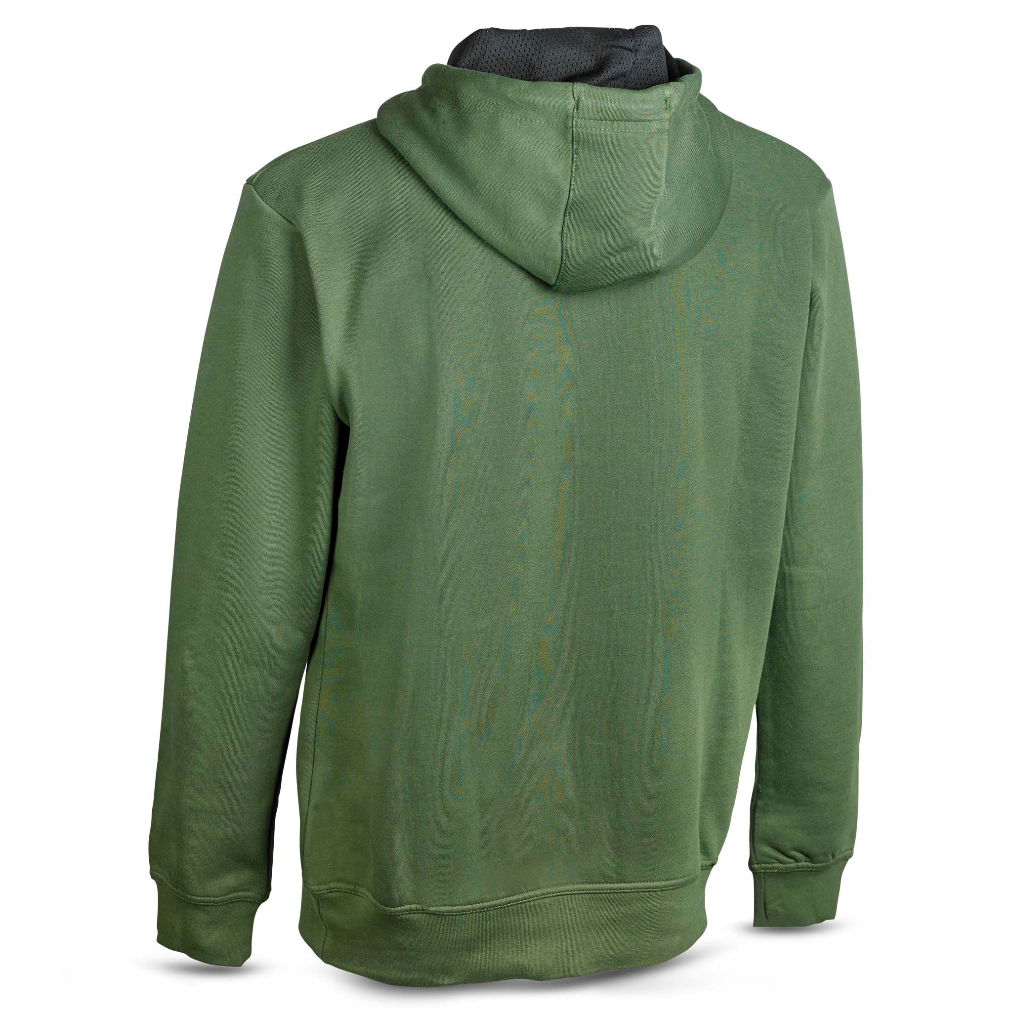 Green Hoodie Basic Select v24 leisure wear, back page view with dark hood lining.