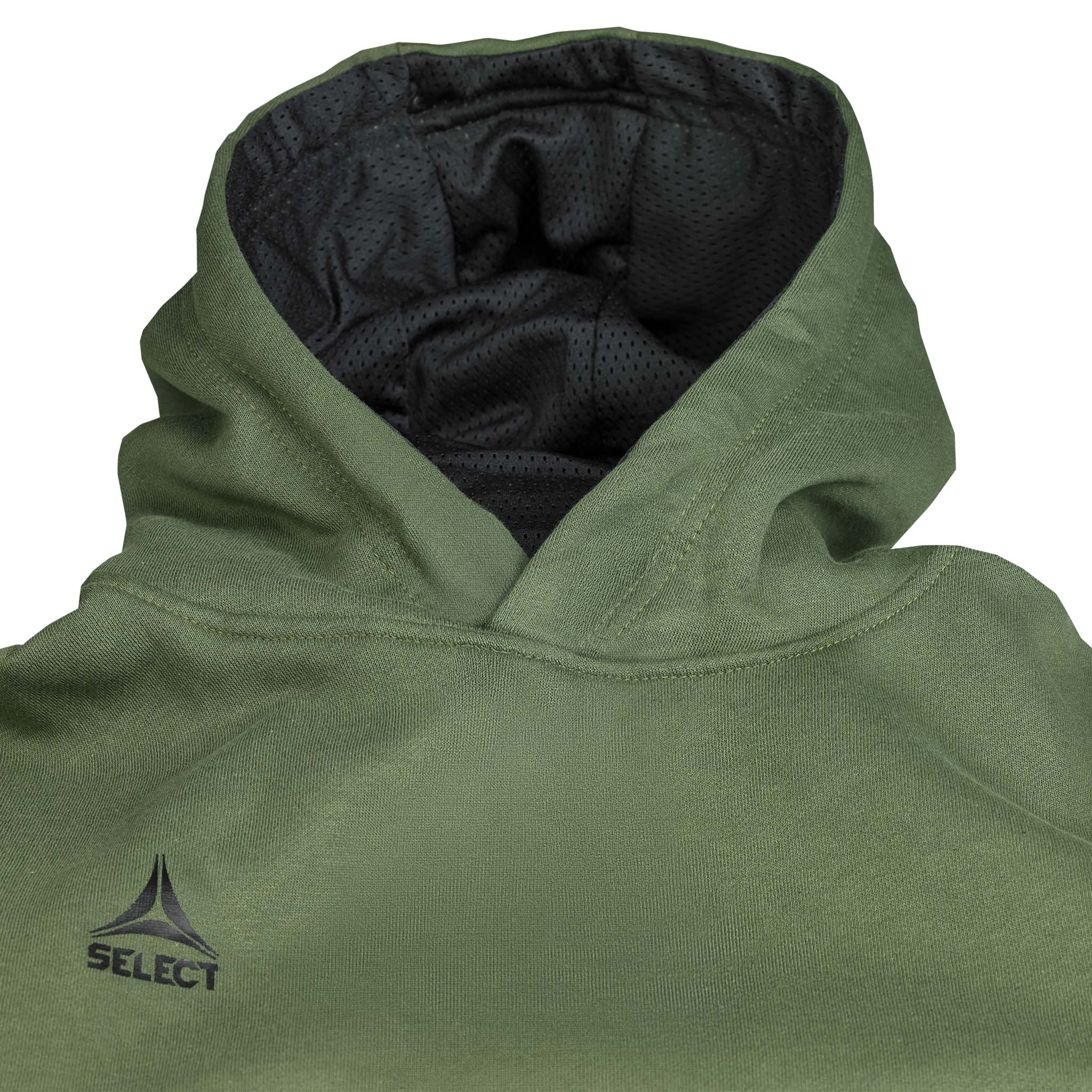 Closeup of green Hoodie Basic Select v24 leisure wear, showing hood with black mesh lining and Select logo.