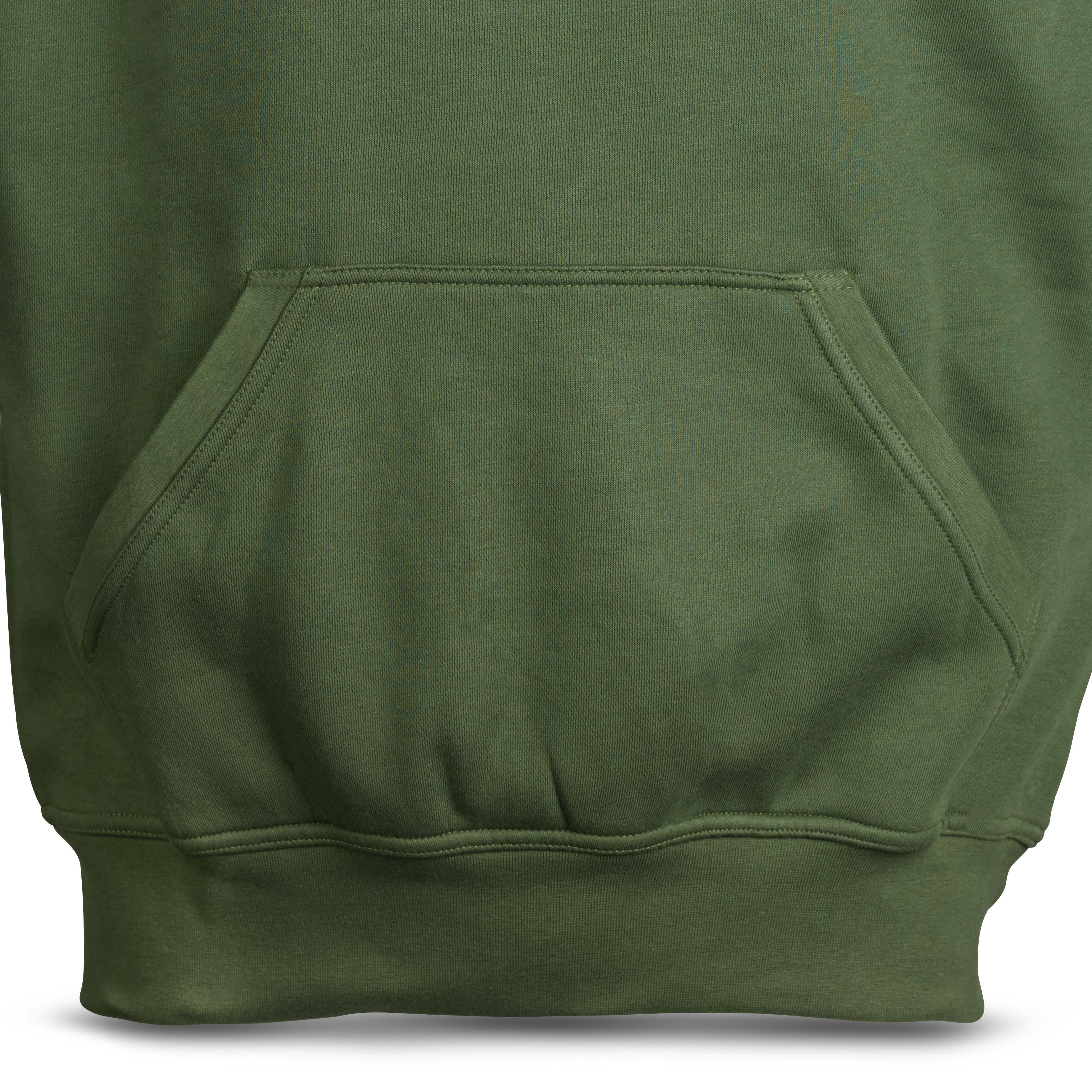 Closeup of green Hoodie Basic Select v24 leisure wear, showing kangaroo pocket and ribbed hem.
