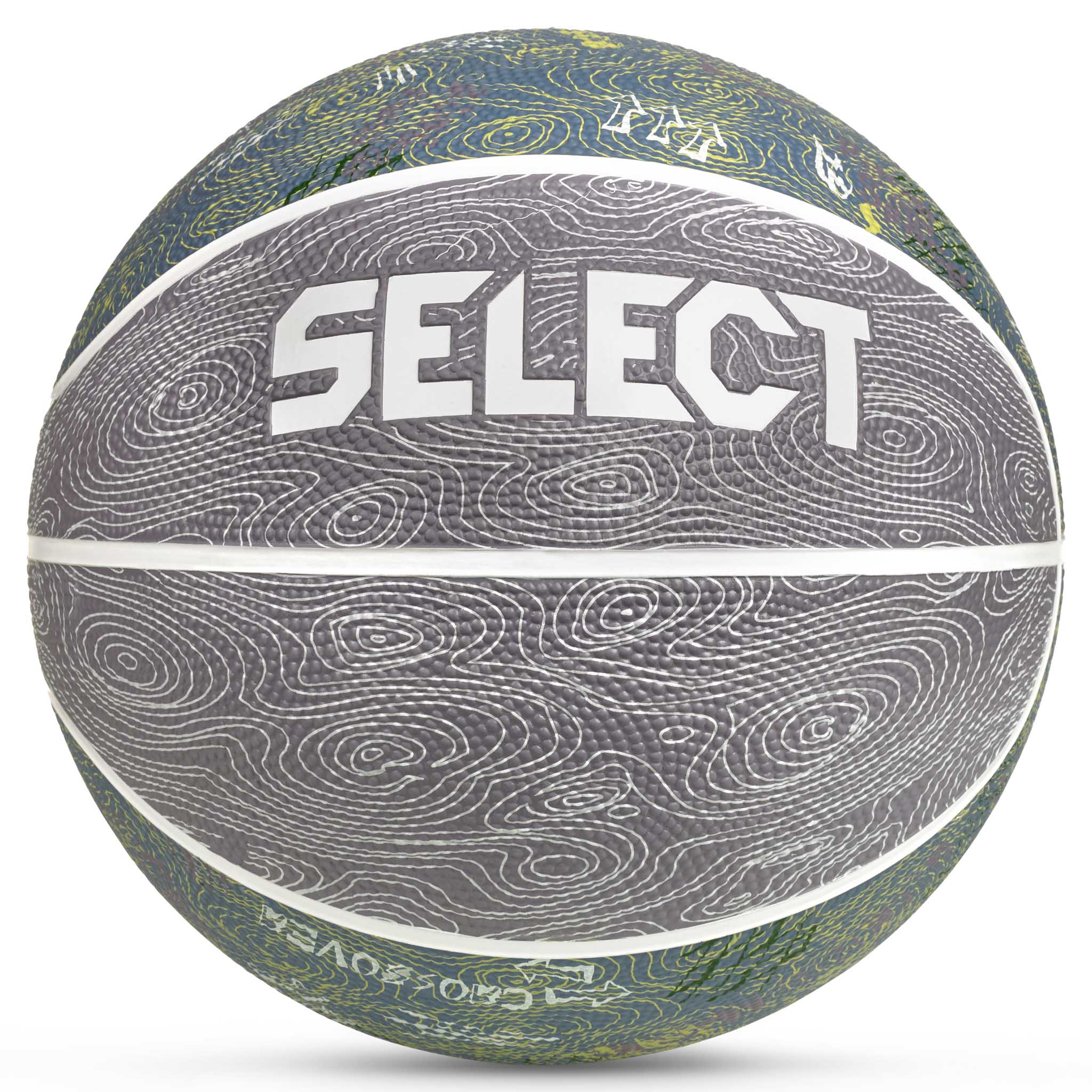 Basketball v26 forside, Andre bolde. Grå bold med hvidt SELECT-logo og grønblå hvirvelmønstre.