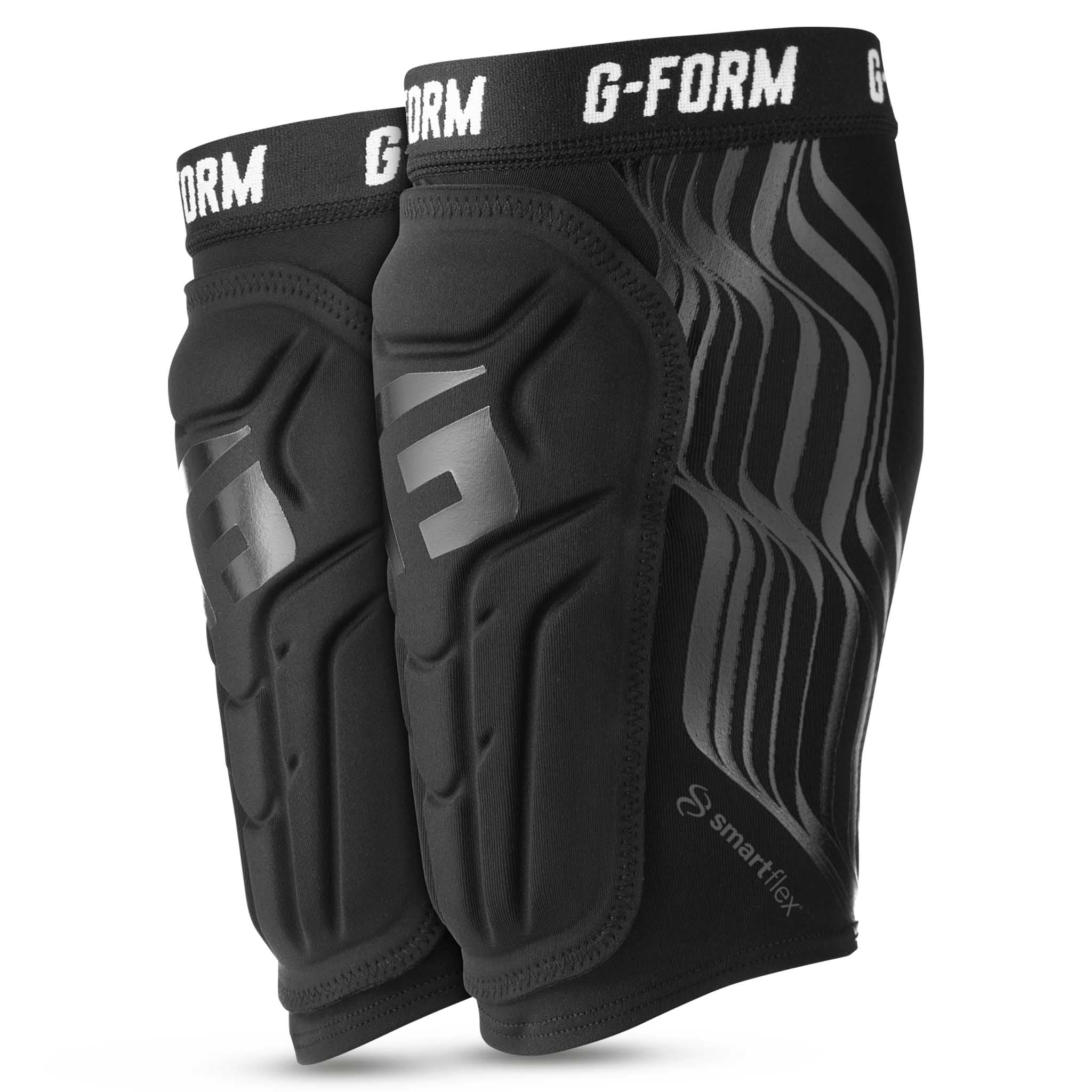 Front page of black Shin guards V2 youth with G-Form logo and grey accents, padded football shin guards.