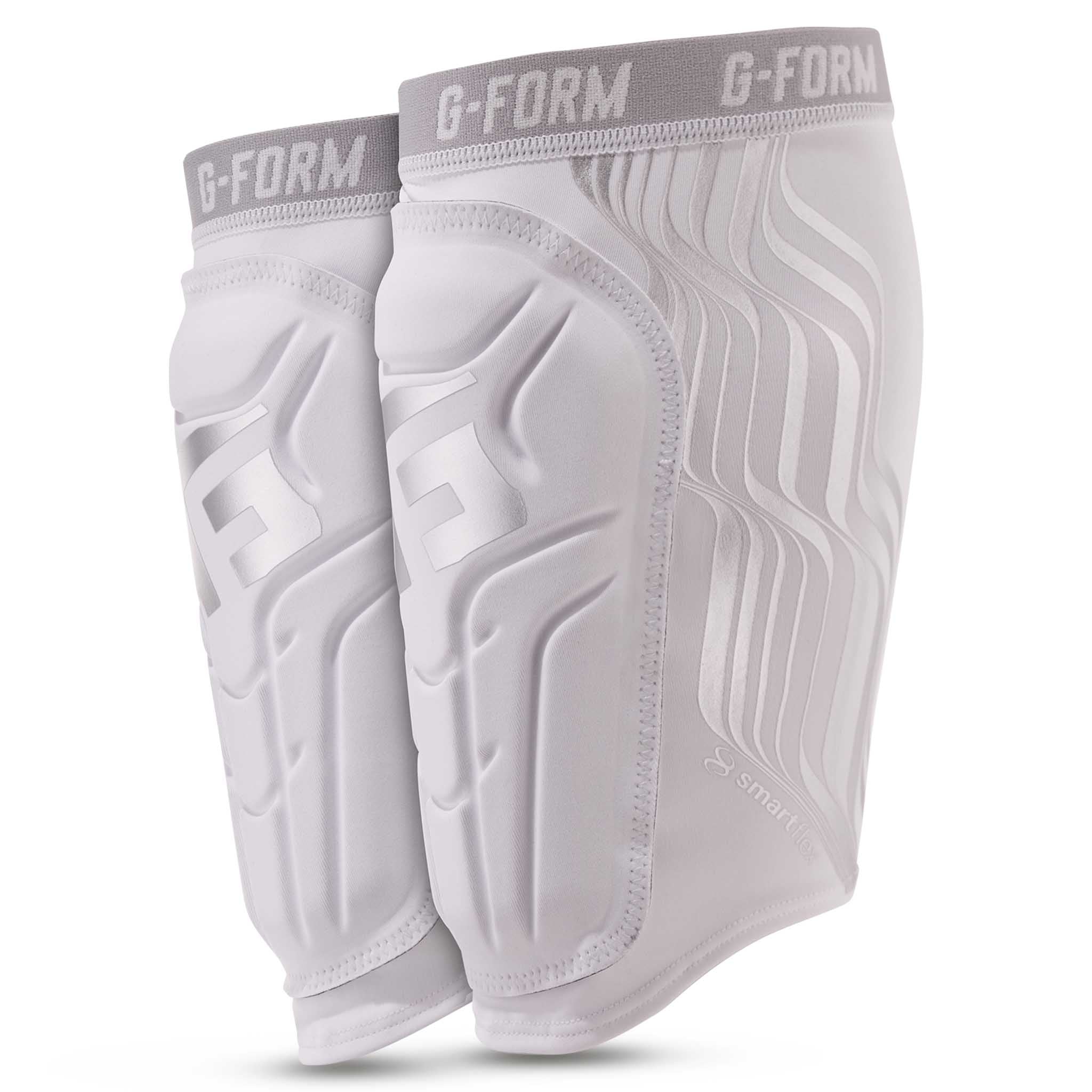 White and silver G-Form Shin guards V2 youth, front page view of football shin guards.