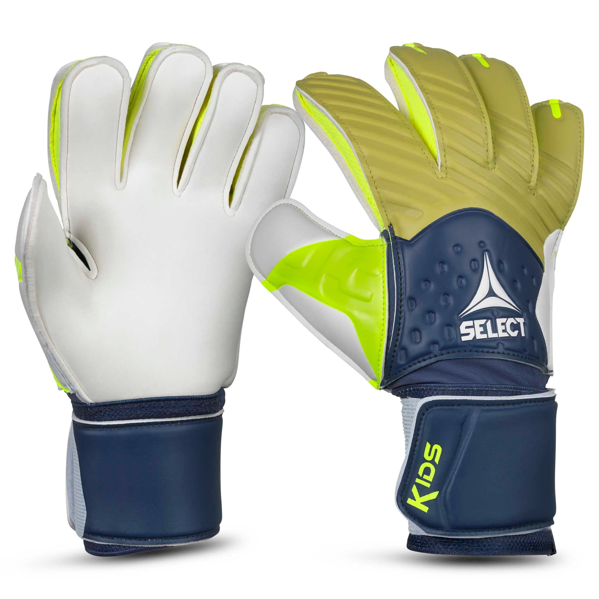 Front view of GK gloves 03 Kids v26 goalkeeper gloves in navy, lime green, white and grey.