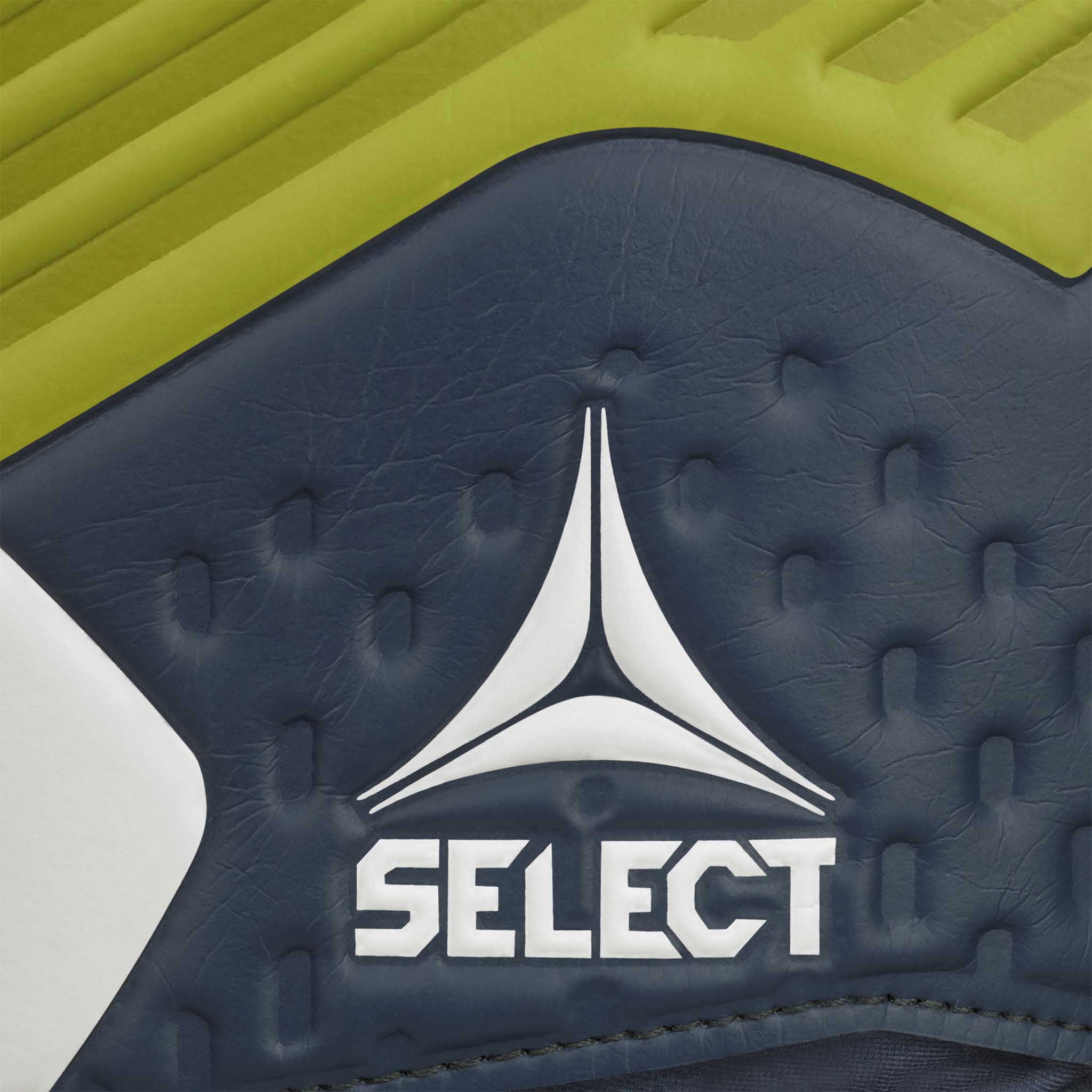 Closeup of GK gloves 03 Kids v26 football goalkeeper gloves, showing navy blue palm with white logo and lime green accents.