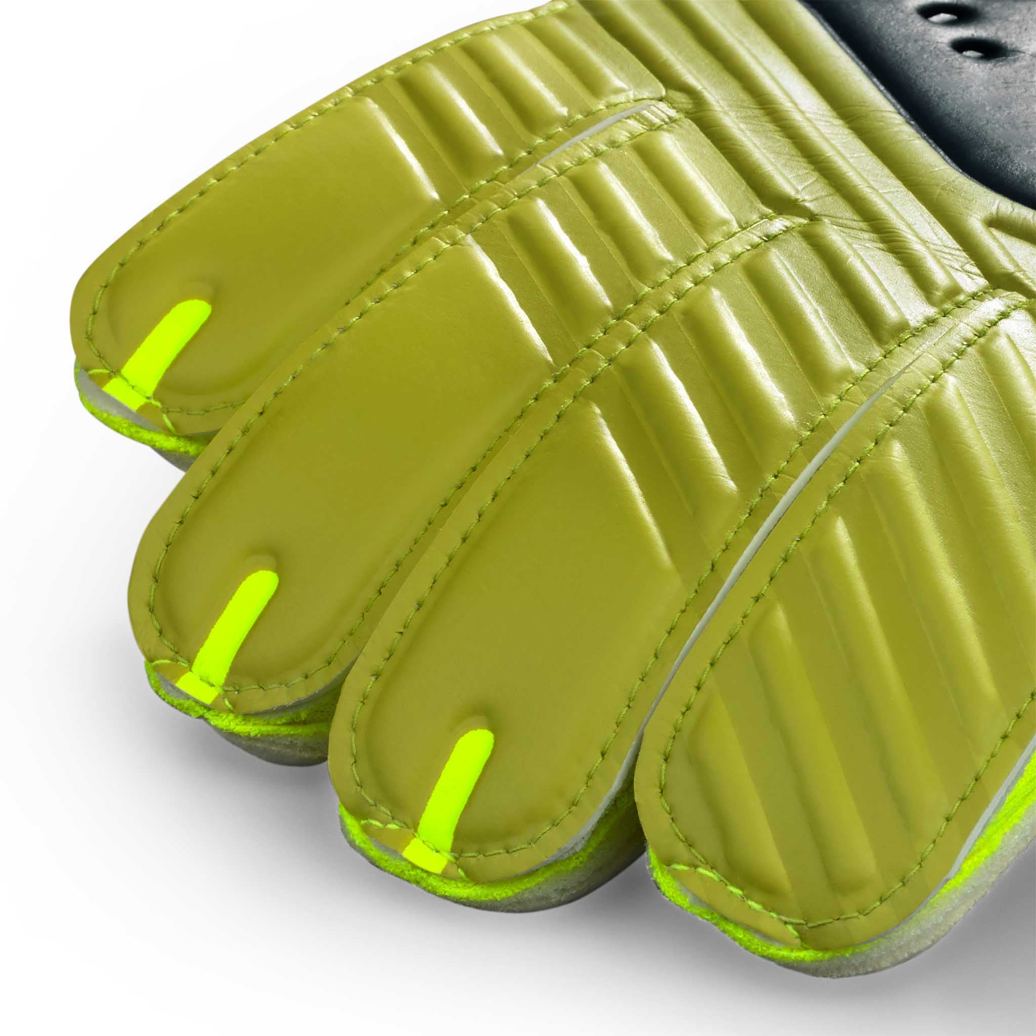 Closeup of GK gloves 03 Kids v26 goalkeeper gloves, showing green padded fingers with yellow stitching and black trim.