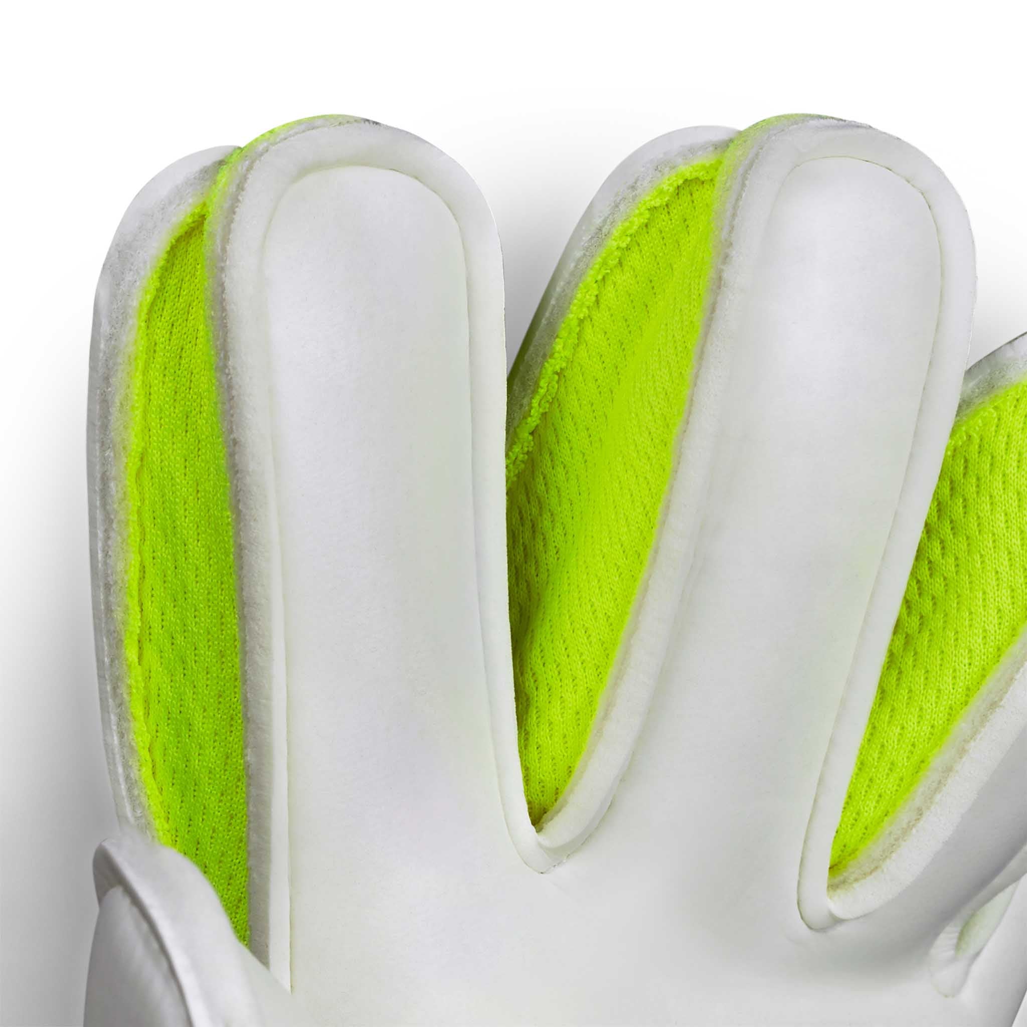 Closeup of GK gloves 03 Kids v26 goalkeeper gloves, showing white finger padding with neon yellow mesh detailing.