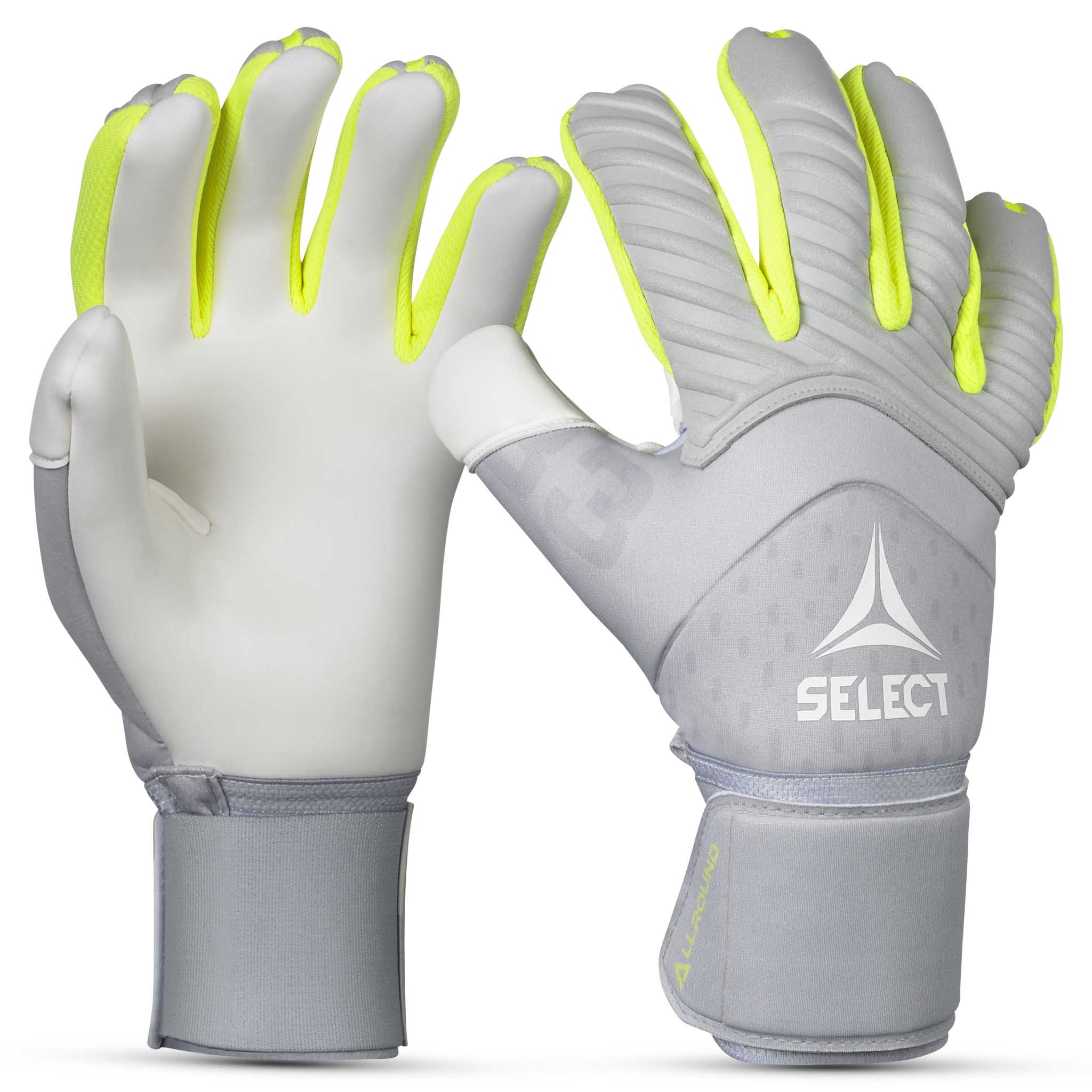 Forside af GK gloves 33 Allround v26 målmandshandsker til fodbold i grå med neongule fingerdetaljer.