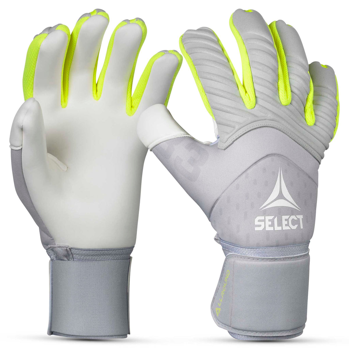 GK Glove 33 Allround v26 målmandshandsker i grå med neongule detaljer, forsidevisning.