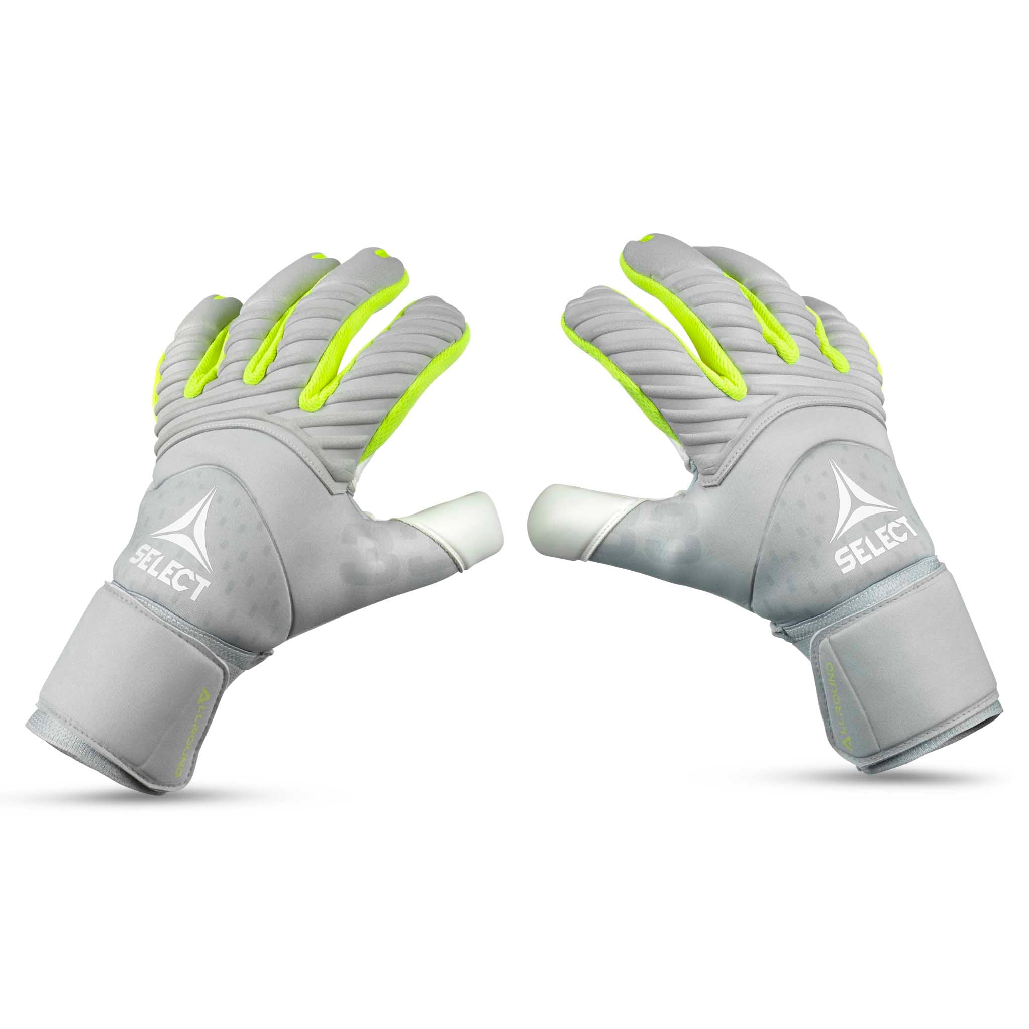 Forside af grå og neongule GK gloves 33 Allround v26 målmandshandsker til fodbold.