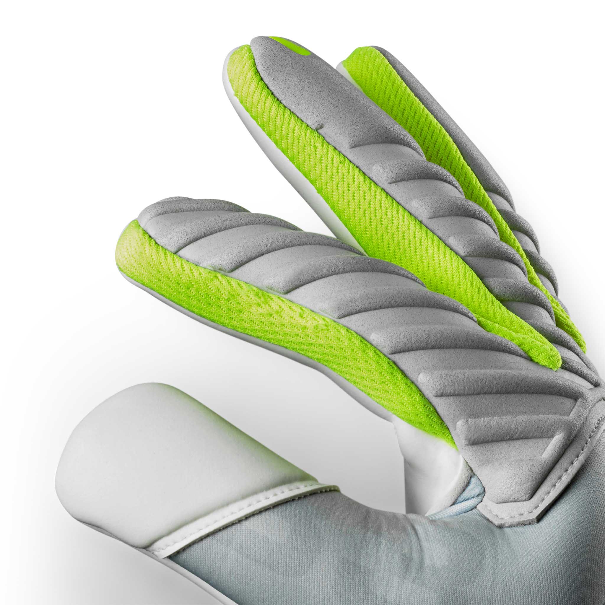 Nærbillede af GK gloves 33 Allround v26 målmandshandsker i grå og neongrøn med polstret fodbold-fingerdetalje.