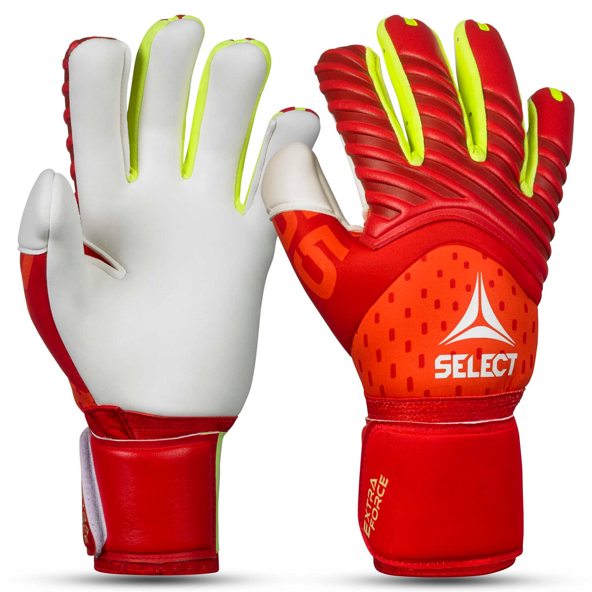 GK gloves 55 Extra Force v26 målmandshandsker i rød med gule detaljer, hvide håndflader, forsidevisning