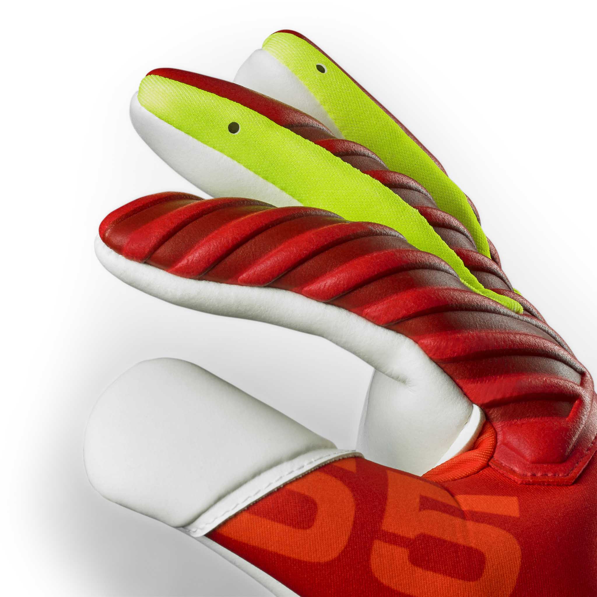 Højresidet nærbillede af GK gloves 55 Extra Force v26 målmandshandsker i rød, hvid og limegrøn.