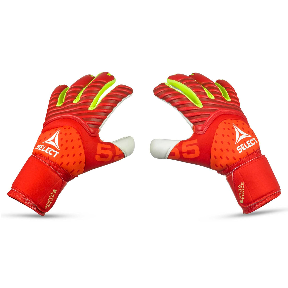 Forside af røde GK gloves 55 Extra Force v26 målmandshandsker med gule og hvide detaljer til fodbold
