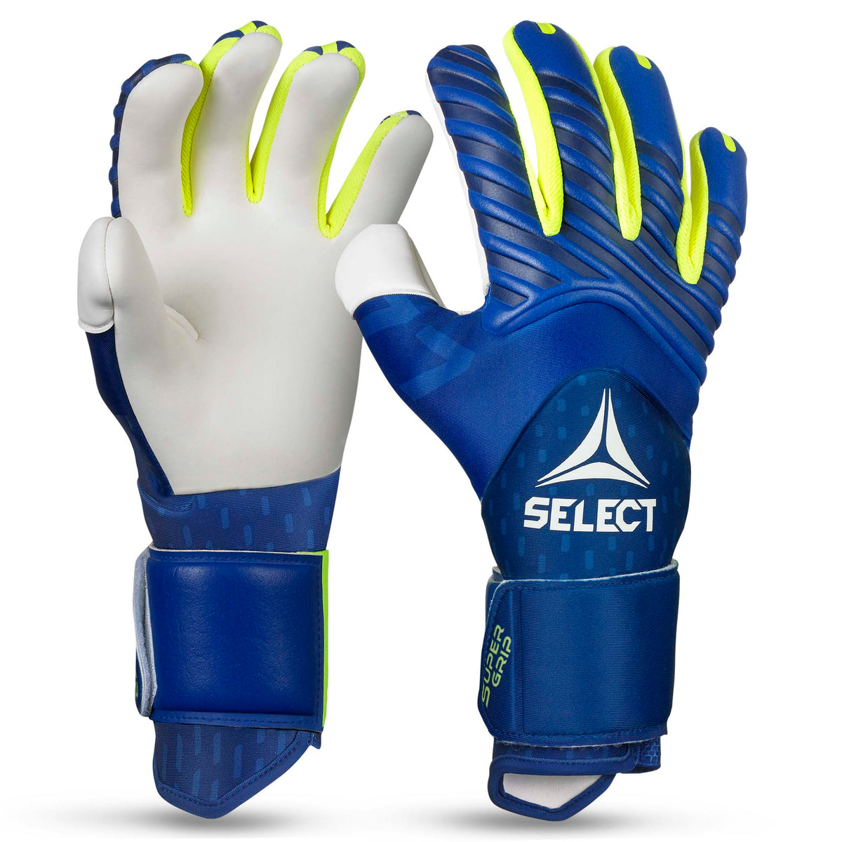 Forside af GK gloves 77 Super Grip v26 målmandshandsker i blå med gul og hvid, til fodbold