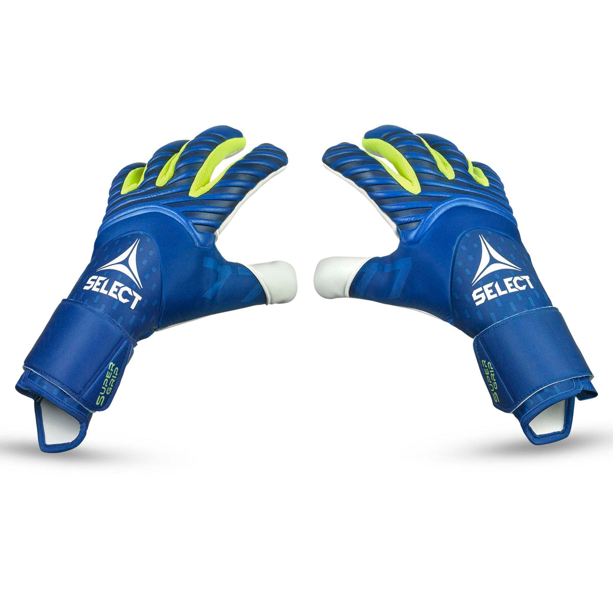 Blå og gule GK gloves 77 Super Grip v26 målmandshandsker, forsidevisning.