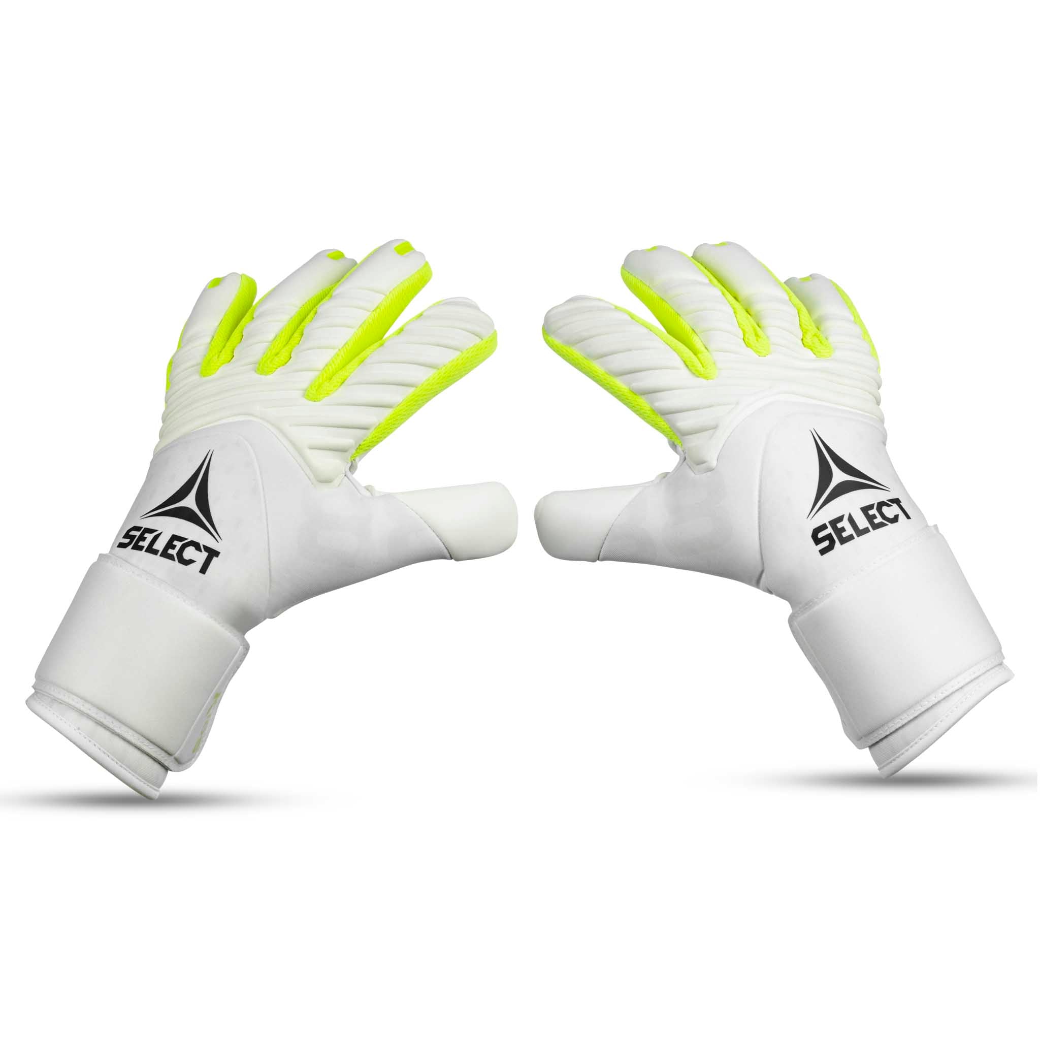 GK gloves 88 Kids v26 målmandshandsker i hvid med neongule detaljer, set forfra.