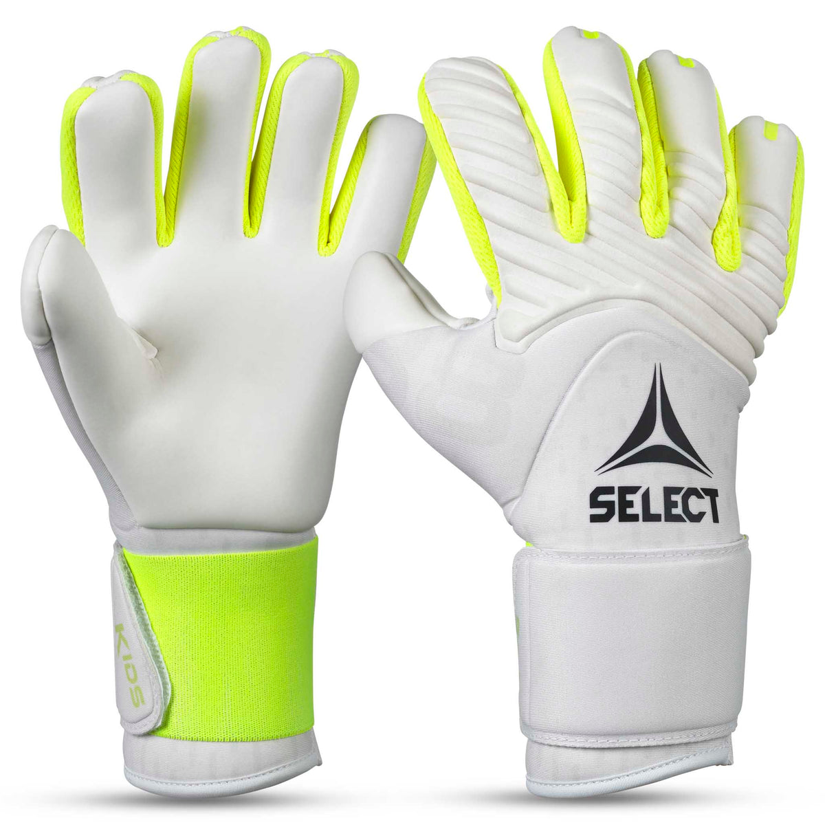 GK gloves 88 Kids v26 målmandshandsker i hvid med neongule detaljer, forsidevisning.