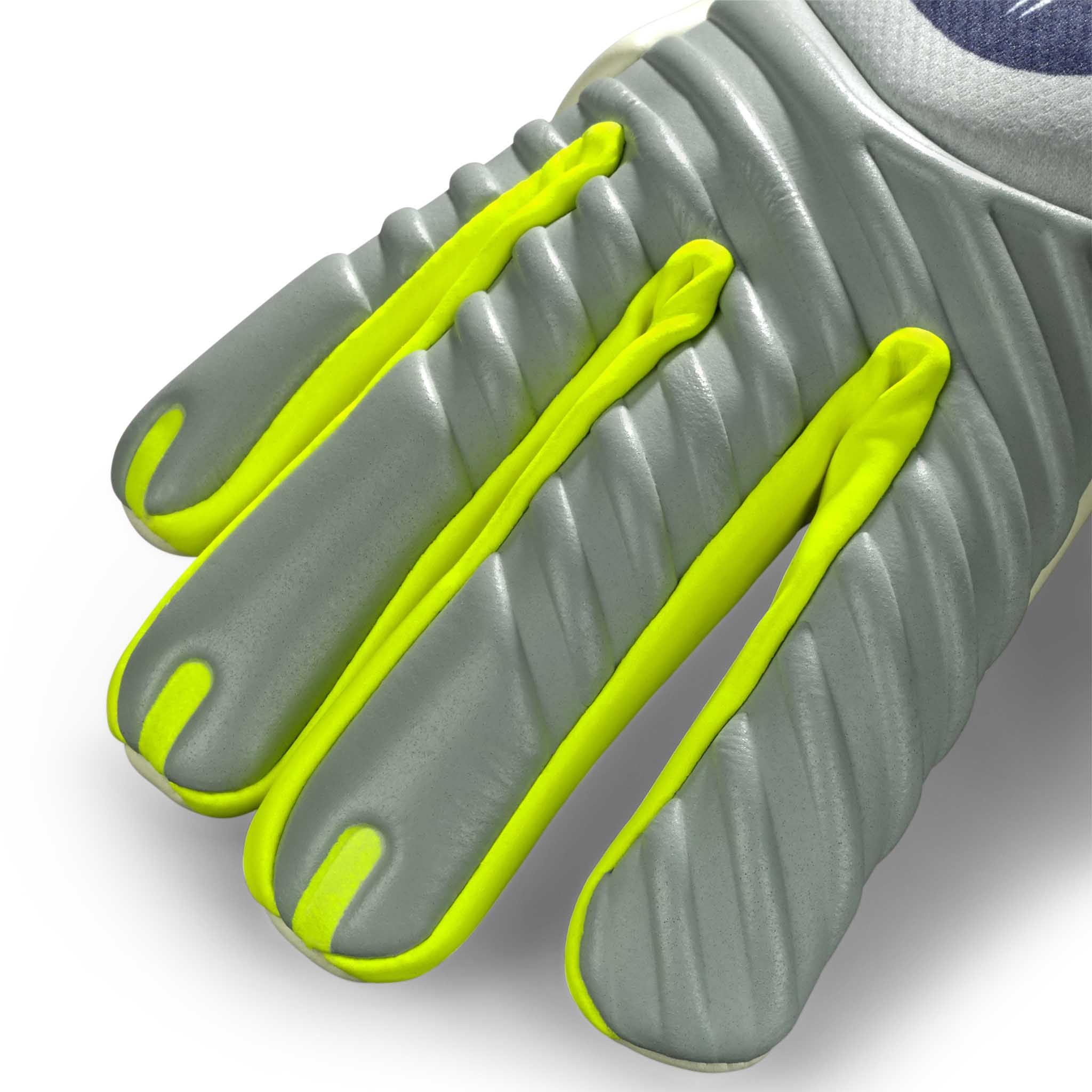 Nærbillede af GK gloves 88 Pro Aqua v26 målmandshandsker i grå med neongule fingerdetaljer.