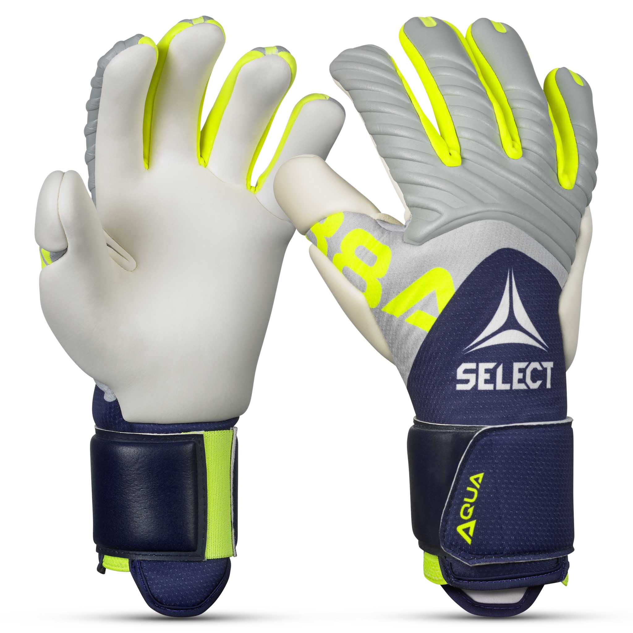Forside af GK gloves 88 Pro Aqua v26 målmandshandsker i mørkeblå, grå, hvid og neongul til fodbold.