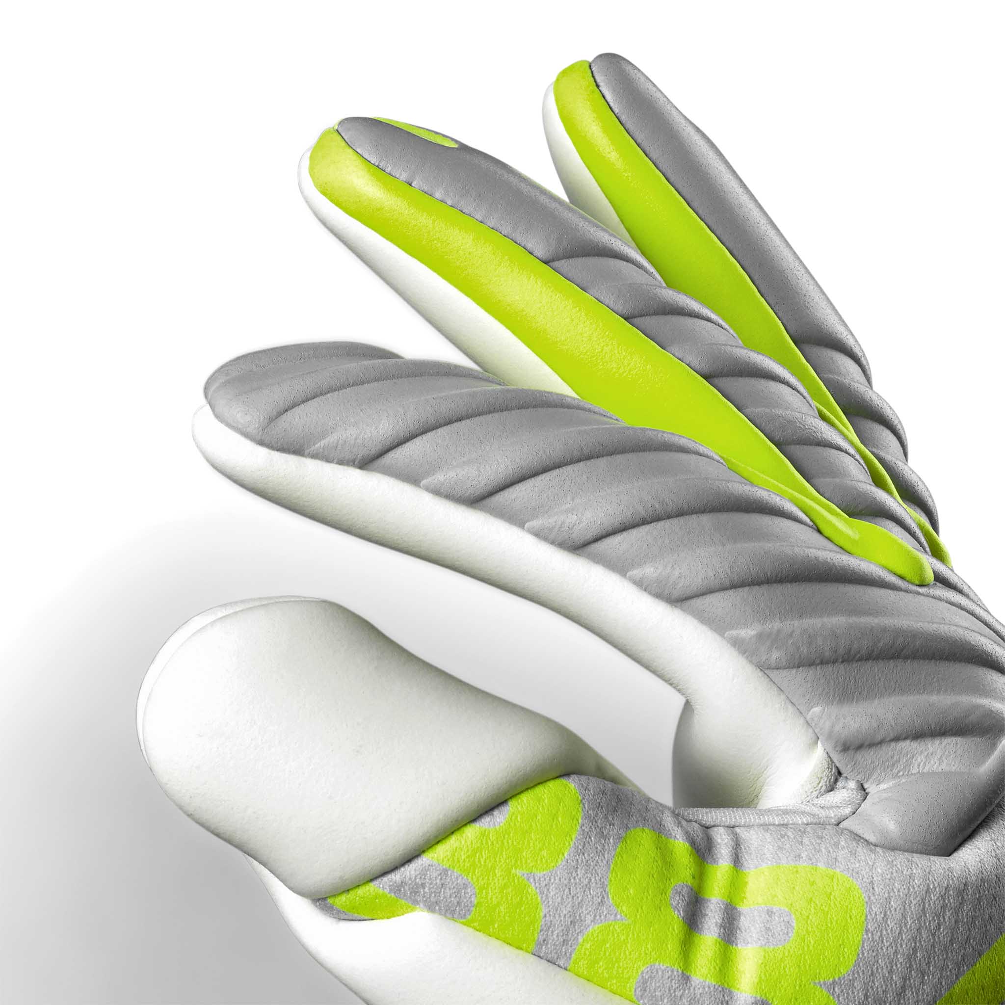 Nærbillede af GK gloves 88 Pro Aqua v26 fodbold-målmandshandsker med grå, hvide og neongrønne fingerdetaljer.