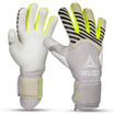 Forfra-billede af GK gloves 88 Pro Grip v26 fodbold målmandshandsker i hvid, beige og grå med neongule detaljer.