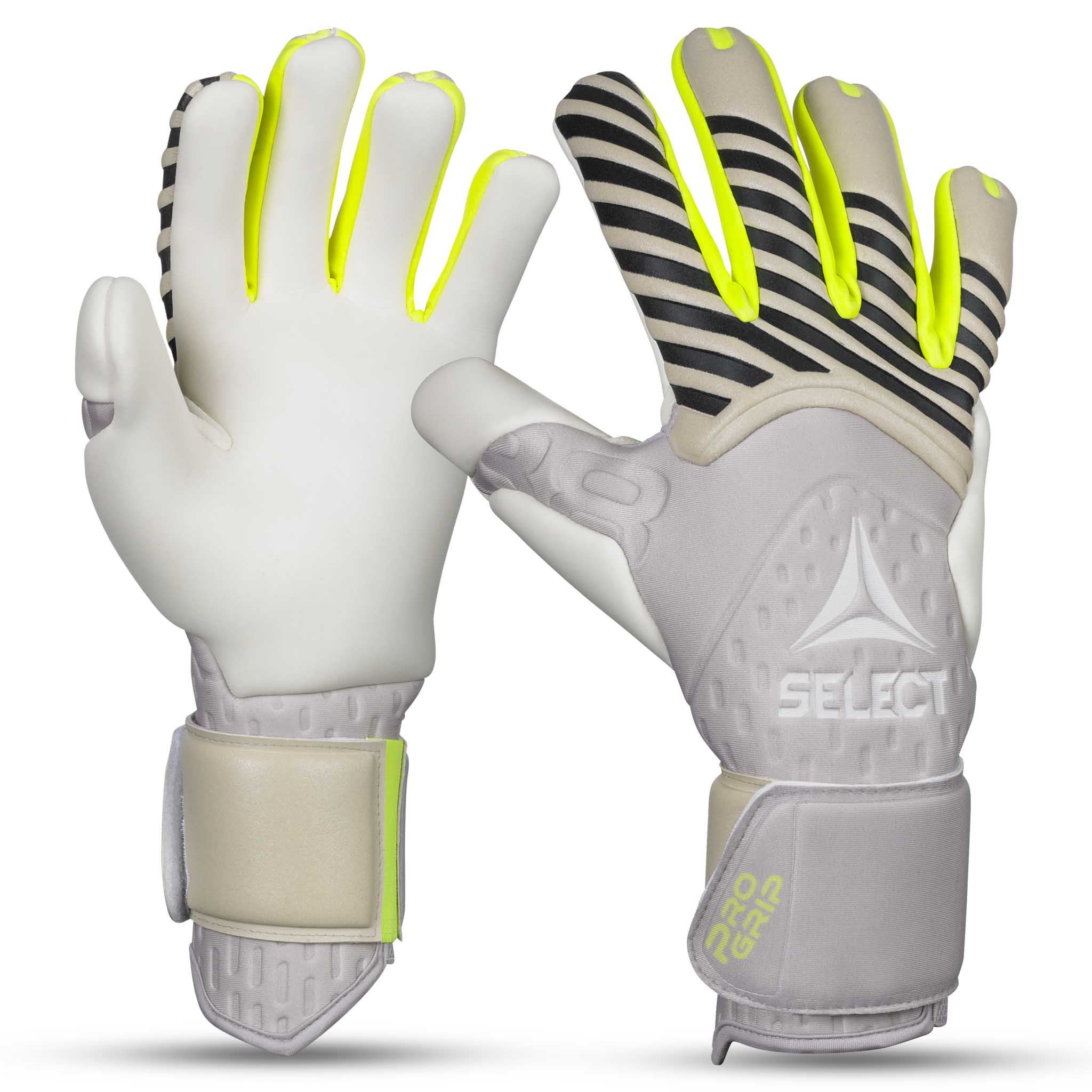 Forfra-billede af GK gloves 88 Pro Grip v26 fodbold målmandshandsker i hvid, beige og grå med neongule detaljer.