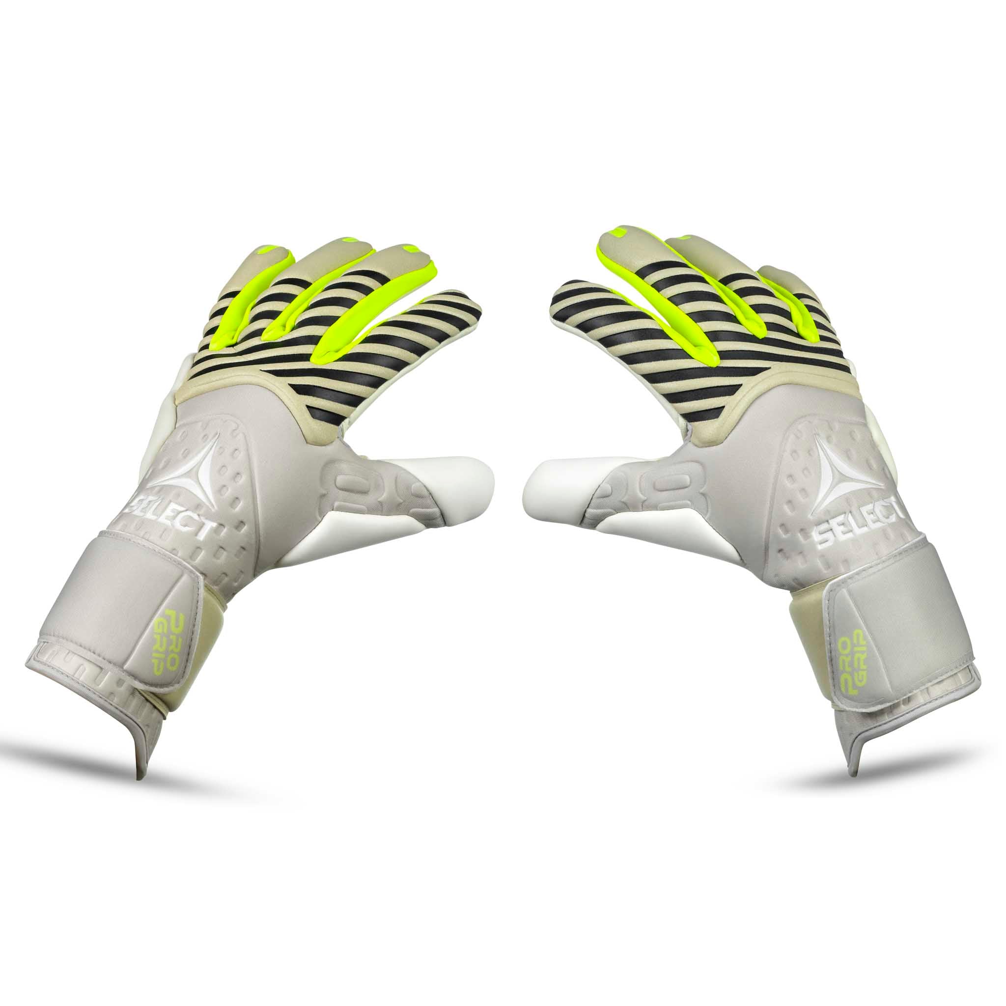 Forside af GK handsker 88 Pro Grip v26 fodbold målmandshandsker i hvid, sort og neongul.