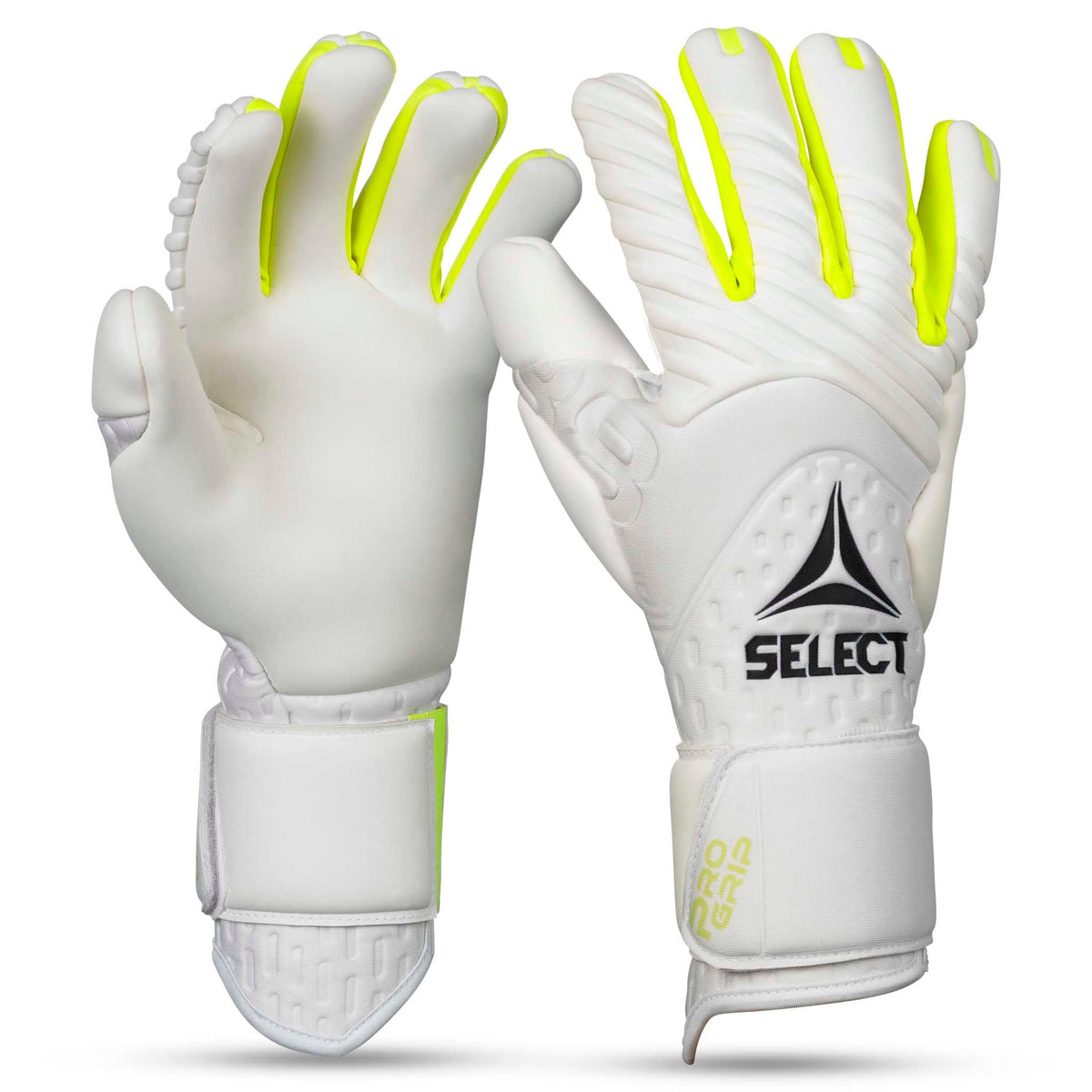 GK Gloves 88 Pro Grip v26 målmandshandsker i hvid med gule detaljer, forside.