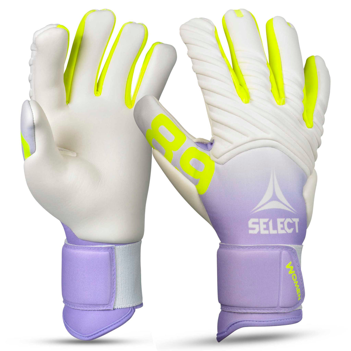 GK Gloves 89 Women v26, målmandshandsker til fodbold i hvid, lilla og gul, forsidevisning