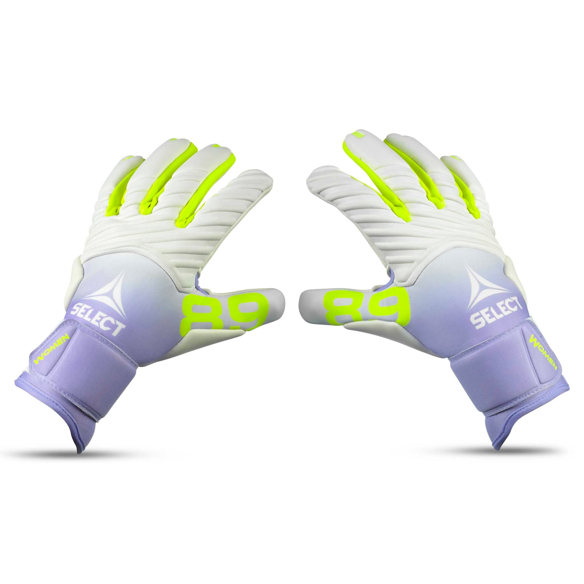 Forfra af GK gloves 89 Women v26 målmandshandsker i hvid, lilla og neongul.