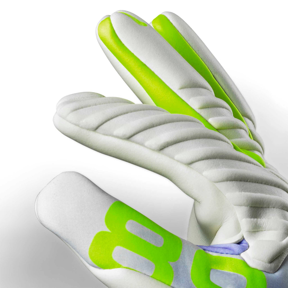 Nærbillede af GK Gloves 89 Women v26 fodbold-målmandshandsker med hvid polstring og grønne detaljer
