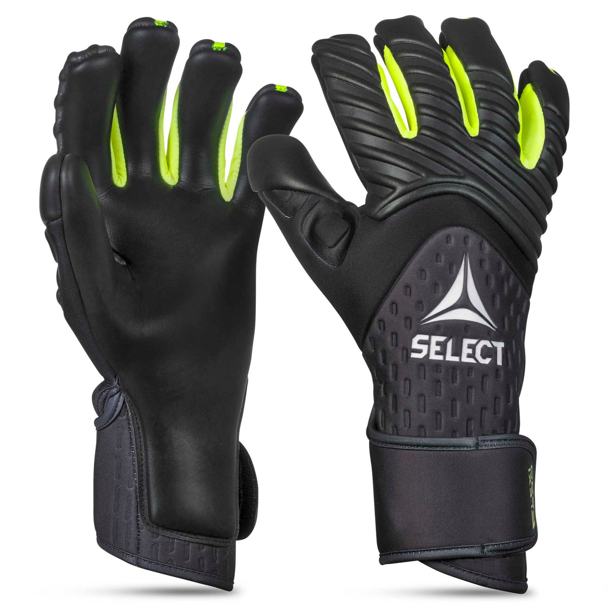 GK Gloves 90 Flexi Pro v26 fodbold målmandshandsker i sort med neongule detaljer, forsidevisning.