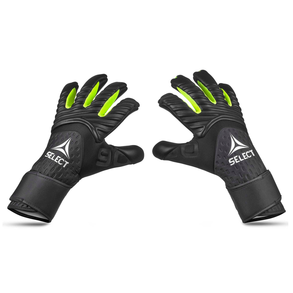 Forside af GK Gloves 90 Flexi Pro v26 målmandshandsker til fodbold i sort med gule fingre.