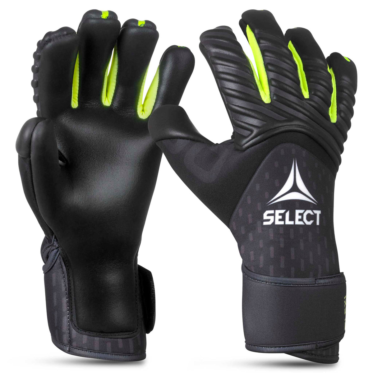 Forside af GK gloves 90 Kids v26 fodbold-målmandshandsker i sort med gule detaljer.