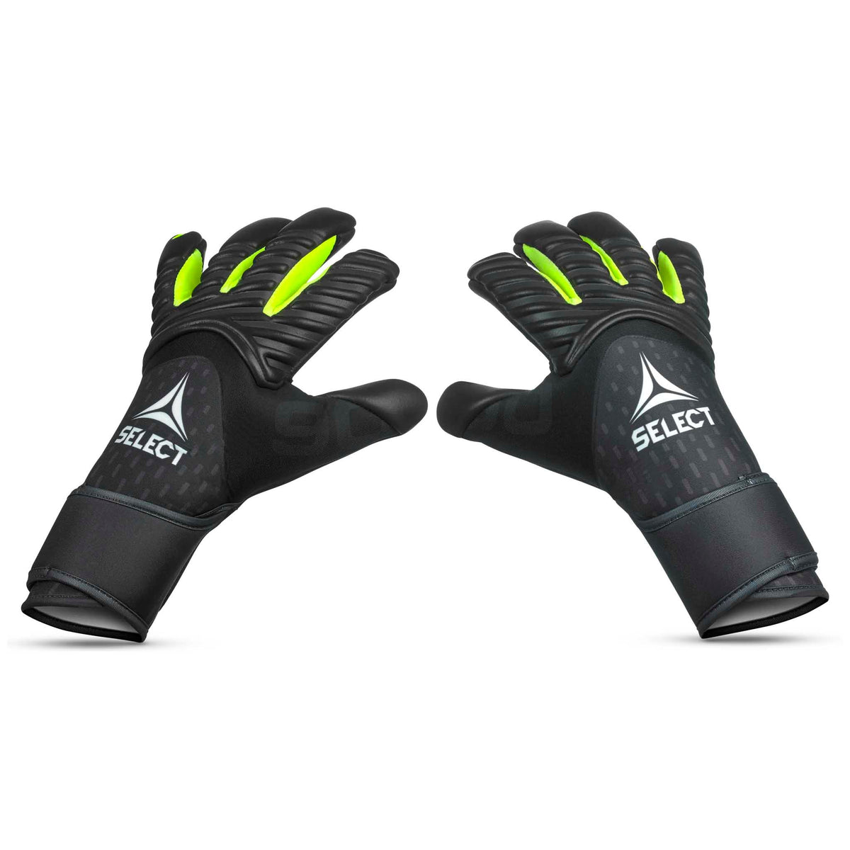 GK gloves 90 Kids v26 målmandshandsker, forside, sorte med grønne detaljer