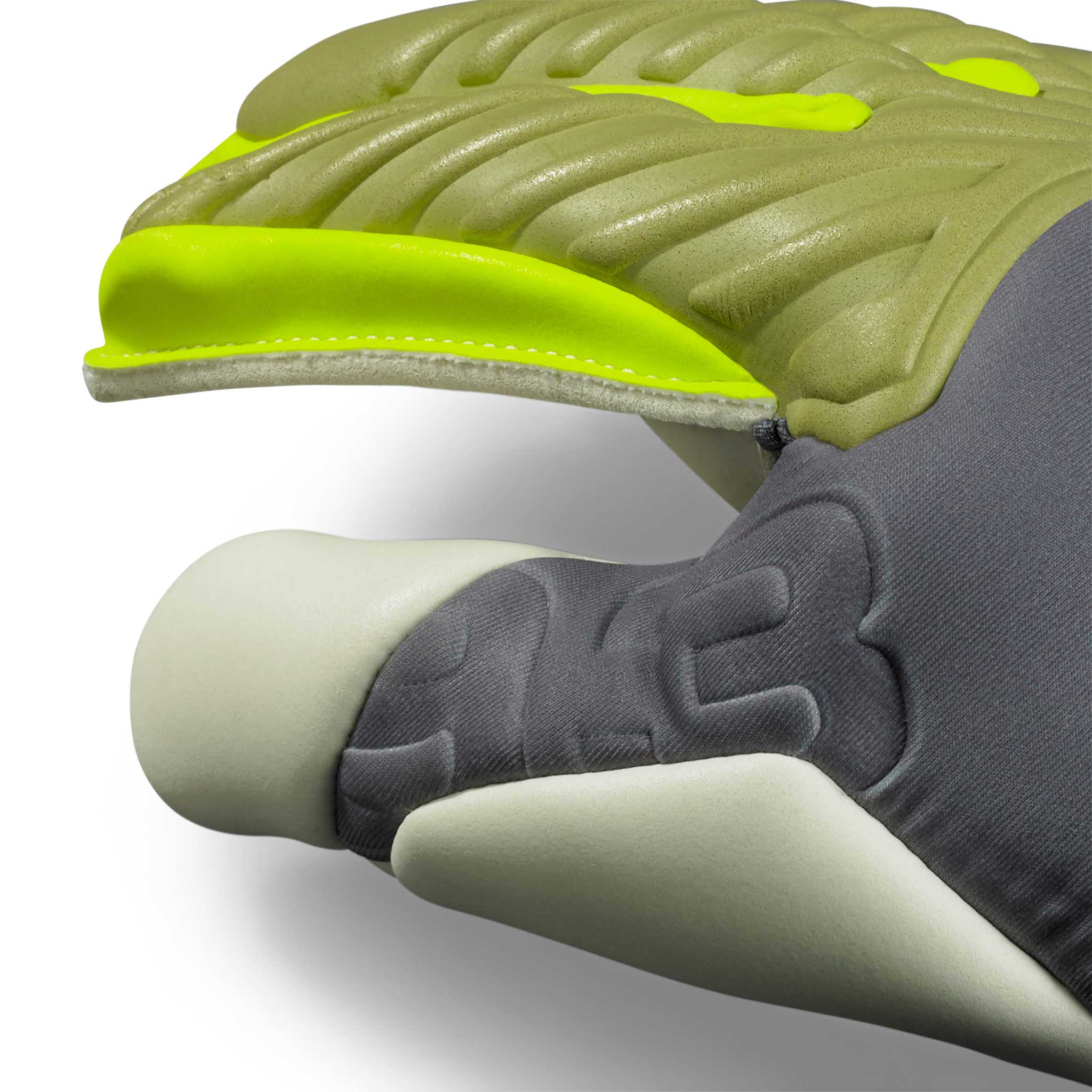 Closeup of GK gloves 93 Elite v26 goalkeeper gloves, showing green, yellow and grey textured padding and wrist detail.