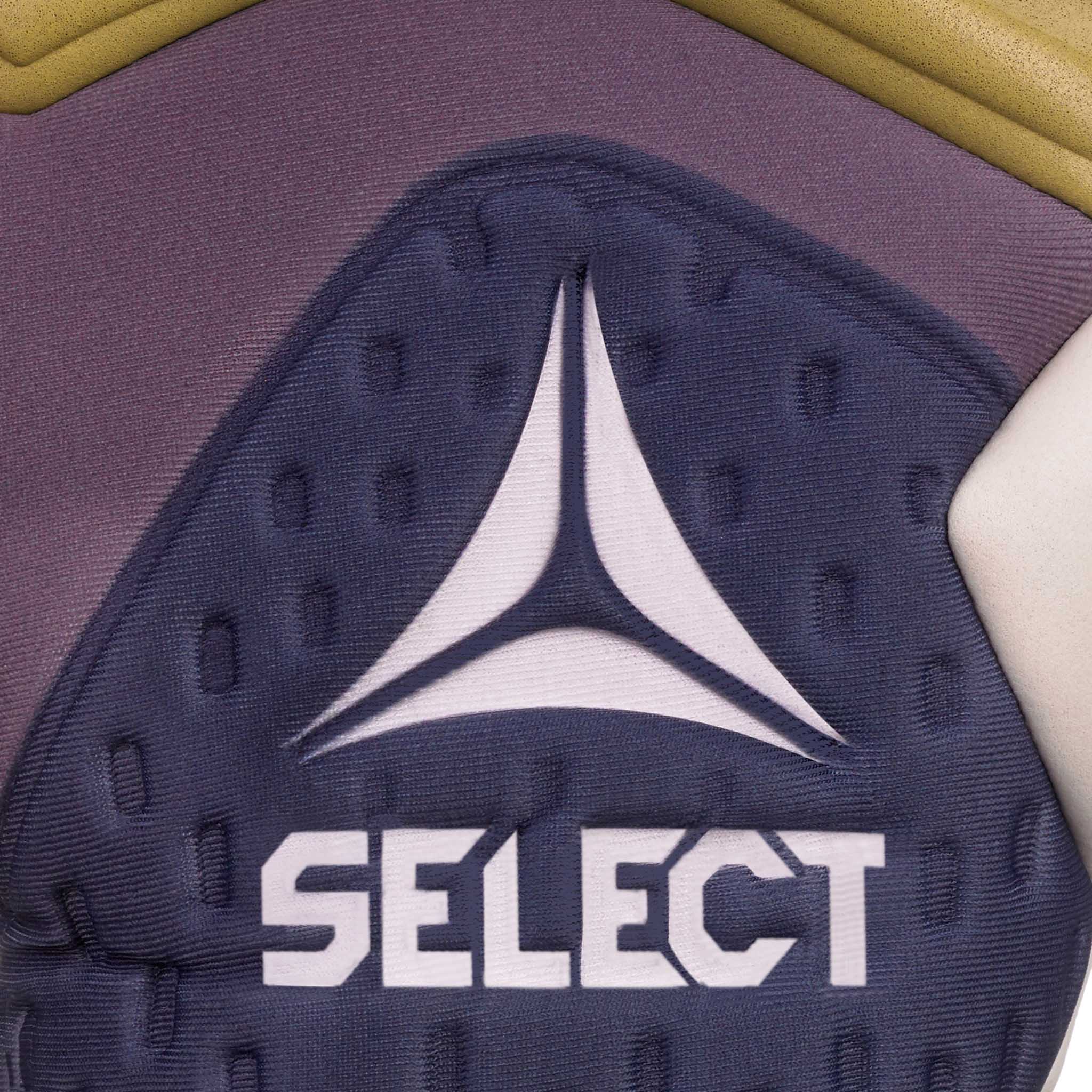 Closeup of GK gloves 93 Elite v26 football goalkeeper gloves showing Select logo on navy, purple and olive textured palm.