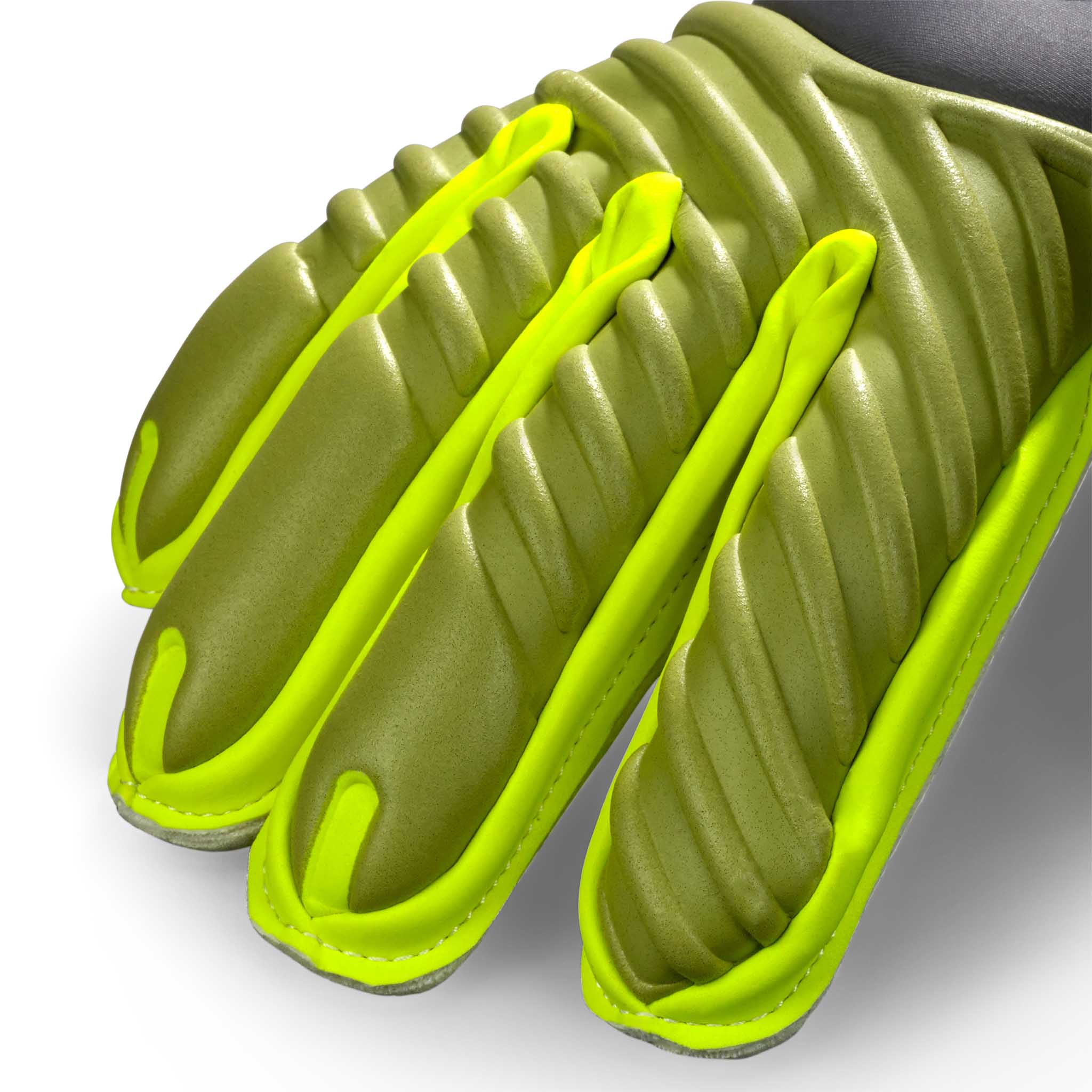 Closeup of GK gloves 93 Elite v26 goalkeeper football gloves, showing textured olive green fingers with neon yellow trim.
