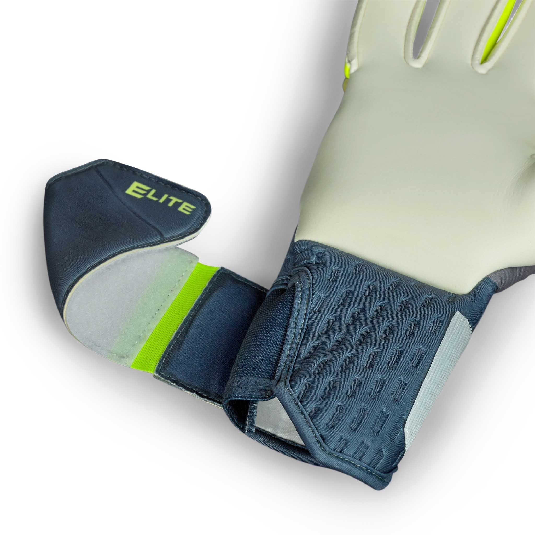 Closeup of GK gloves 93 Elite v26 football goalkeeper gloves, showing navy wrist strap, neon green accents and grey palm.