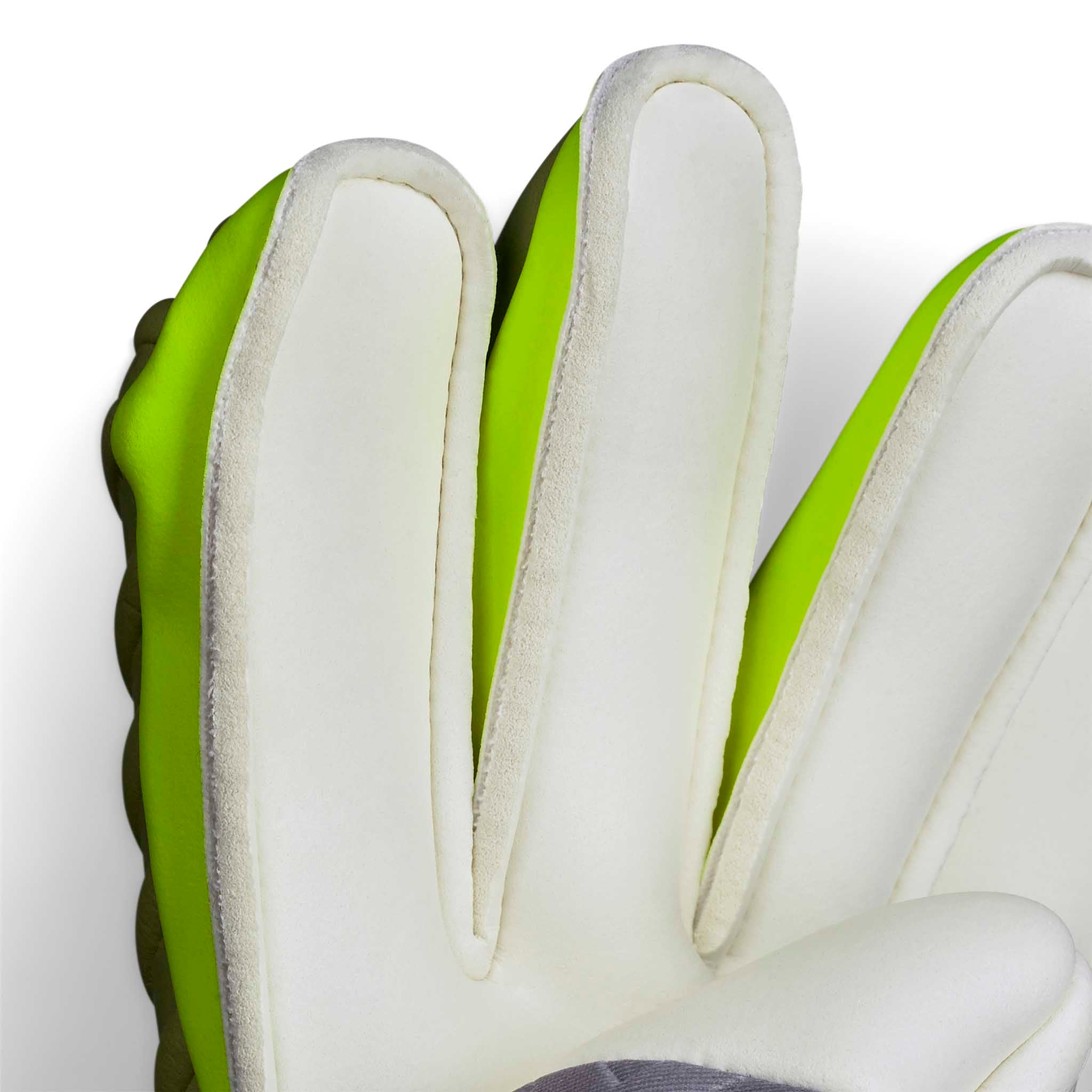 Closeup of GK gloves 93 Elite v26 goalkeeper gloves, showing white latex palm fingers with green side accents.