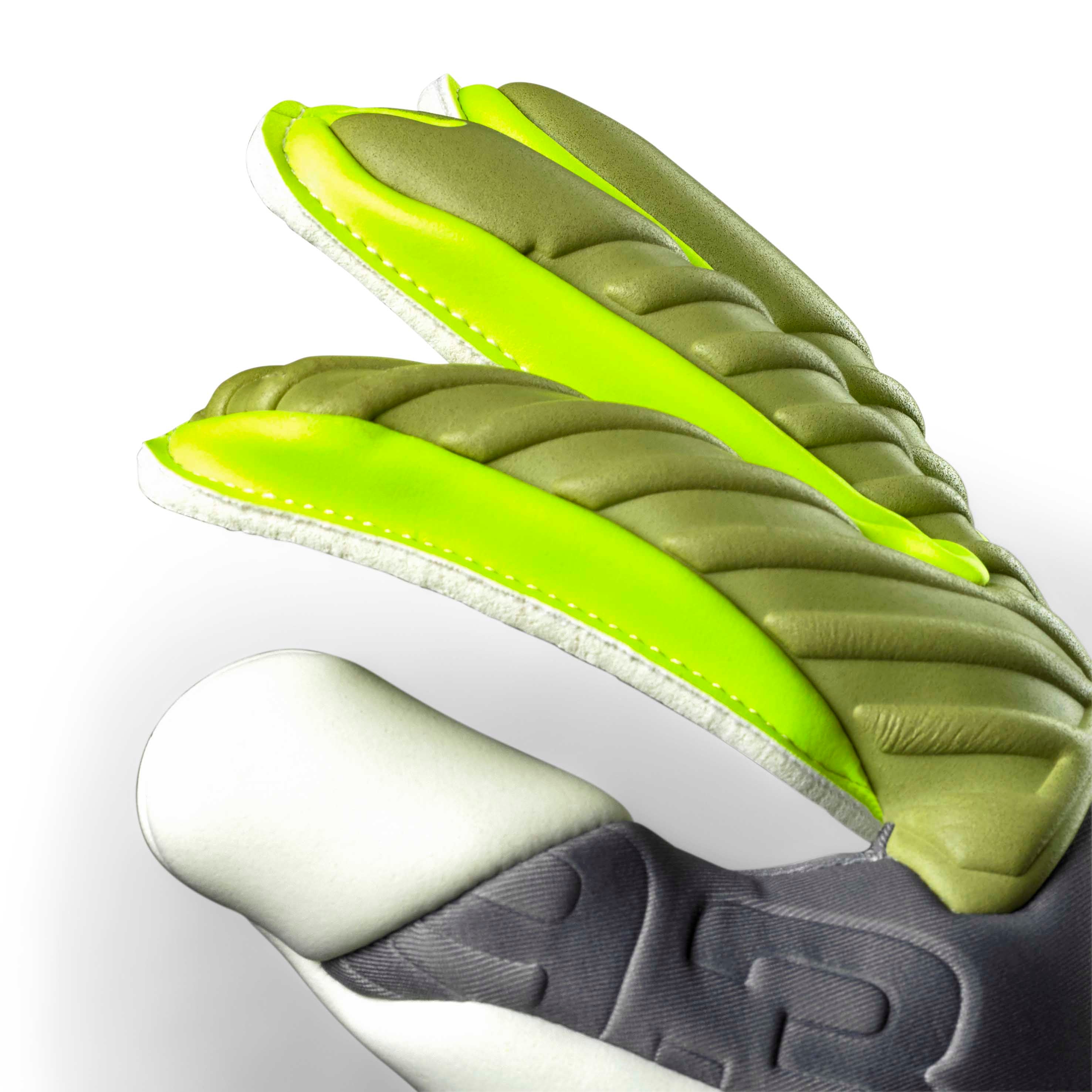Close-up of GK gloves 93 Elite v26 goalkeeper gloves, showing padded green and yellow fingers with grey and white details.