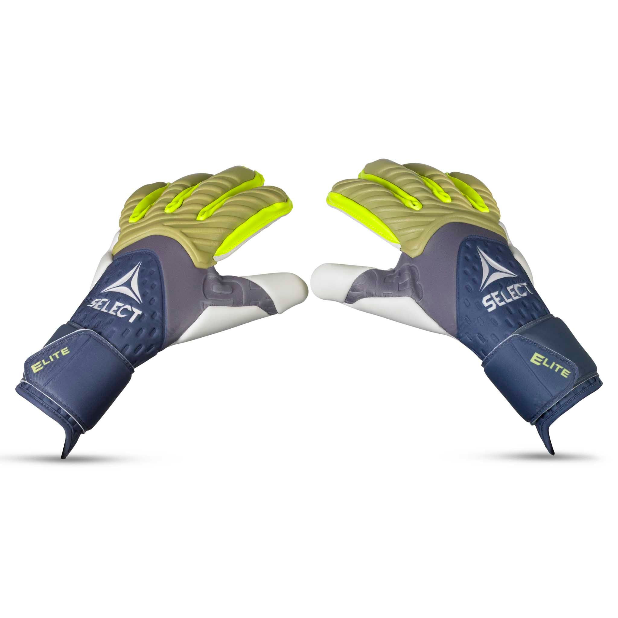 Forside af GK gloves 93 Elite v26 fodbold målmandshandsker i marineblå, limegrøn, grå og hvid.
