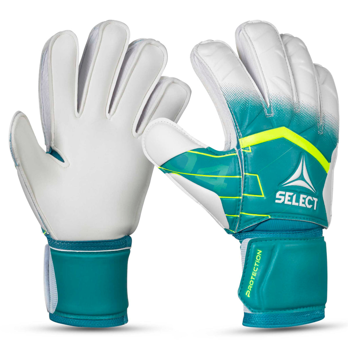 Forside af GK gloves 04 Protection v26 målmandshandsker i grøn, hvid og gul til fodbold.