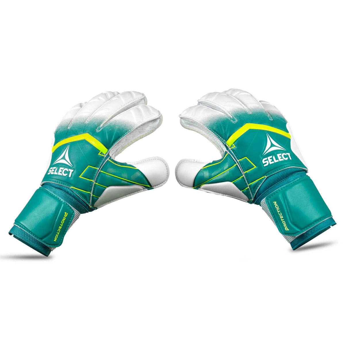 Forside af GK gloves 04 Protection v26 målmandshandsker i grøn, hvid og gul til fodbold