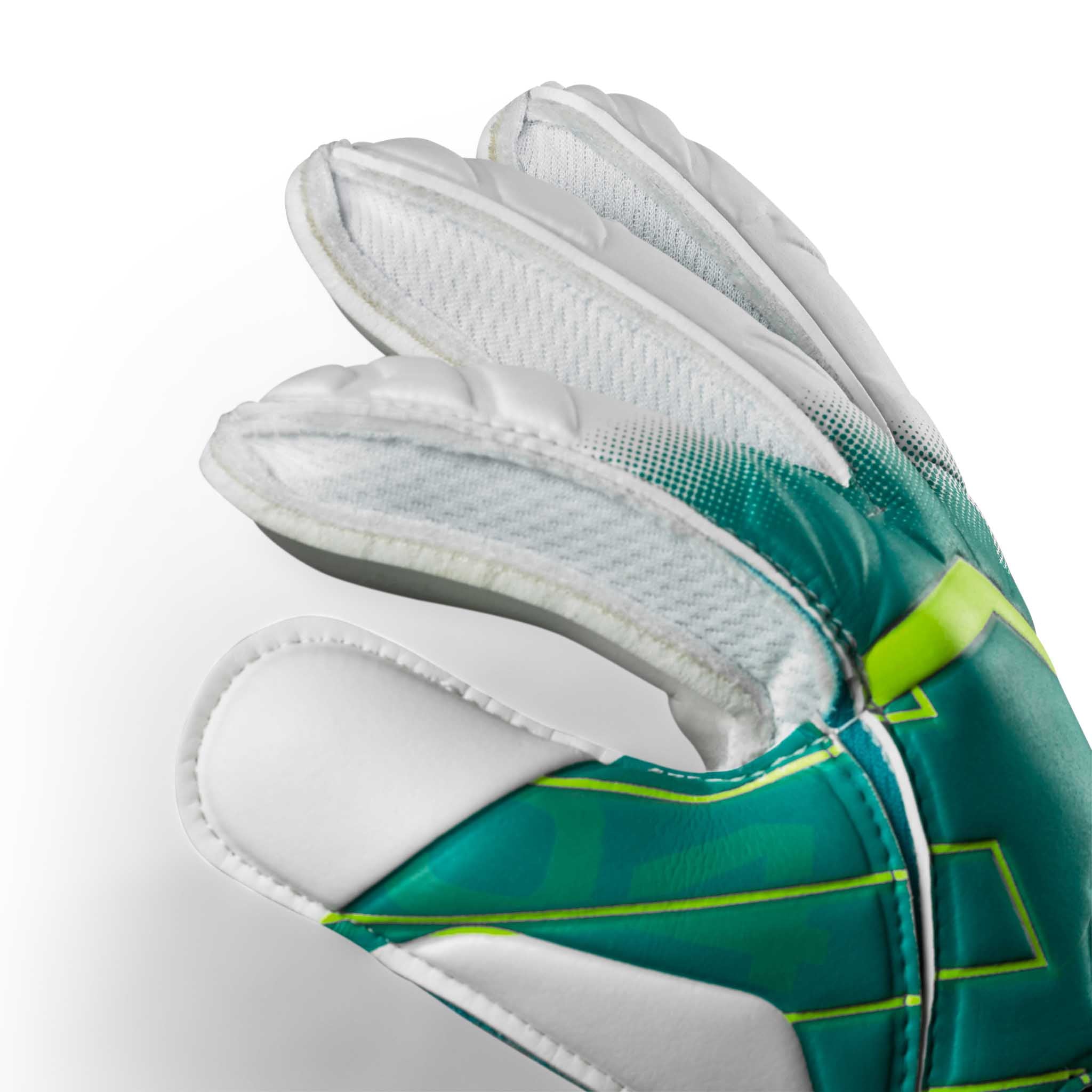 Nærbillede af GK gloves 04 Protection v26 målmandshandsker, højre side, i grøn og hvid med neonfarvede detaljer.
