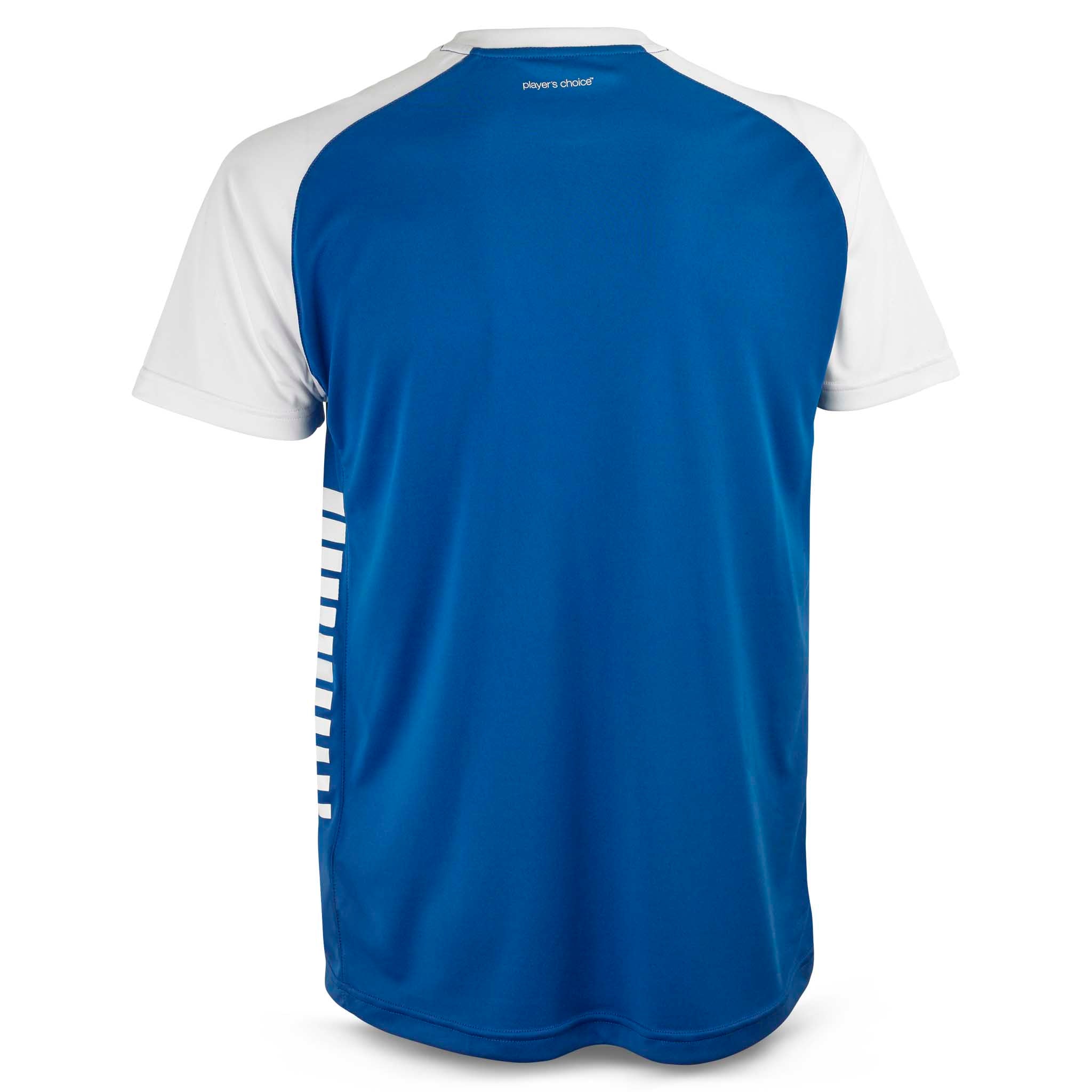 Bagside af blå og hvid Player shirt S/S Pisa X, Match & Training wear fodboldtrøje med stribet detalje.