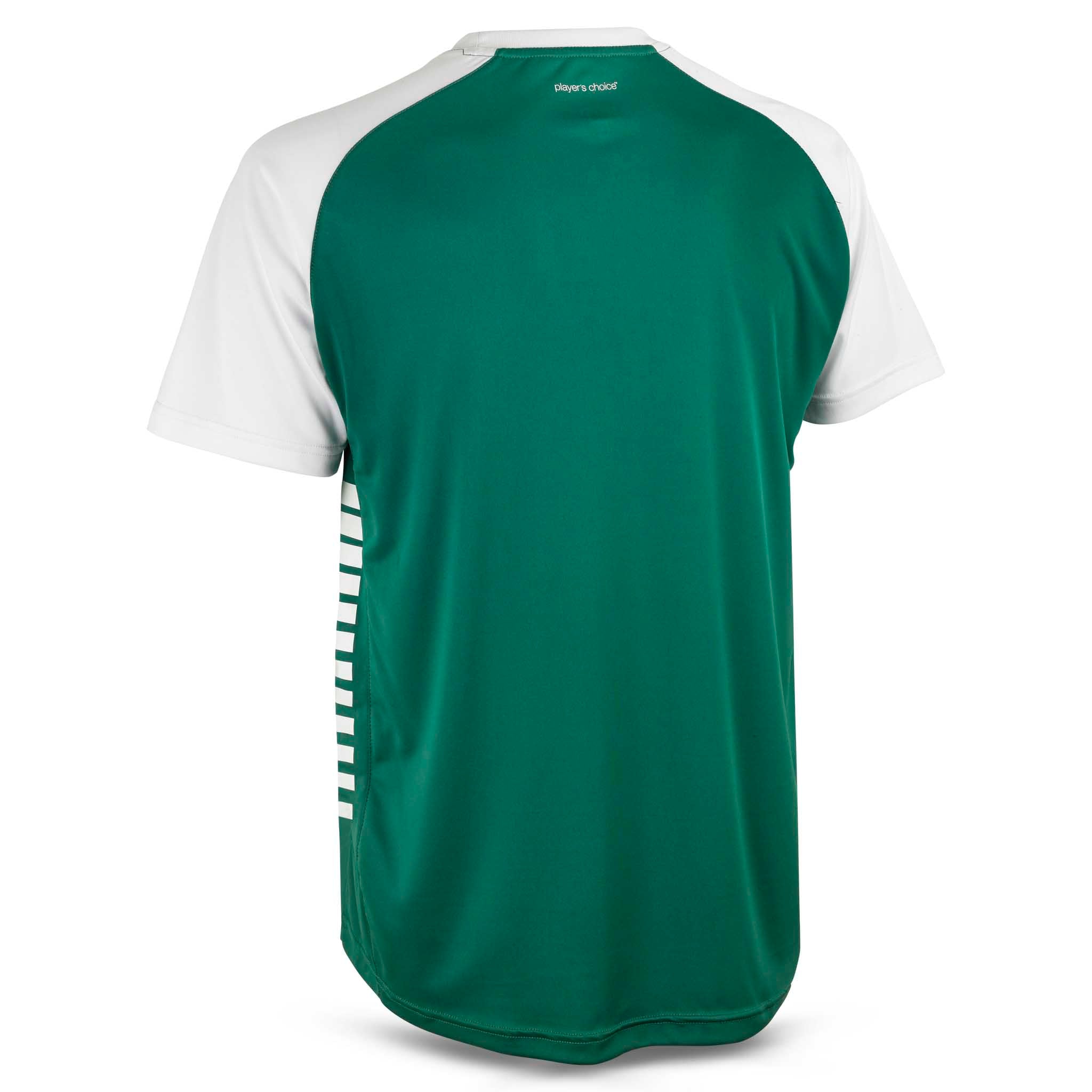 Bagside af grøn og hvid Player shirt S/S Pisa X, Match & Training wear, med stribet detalje.
