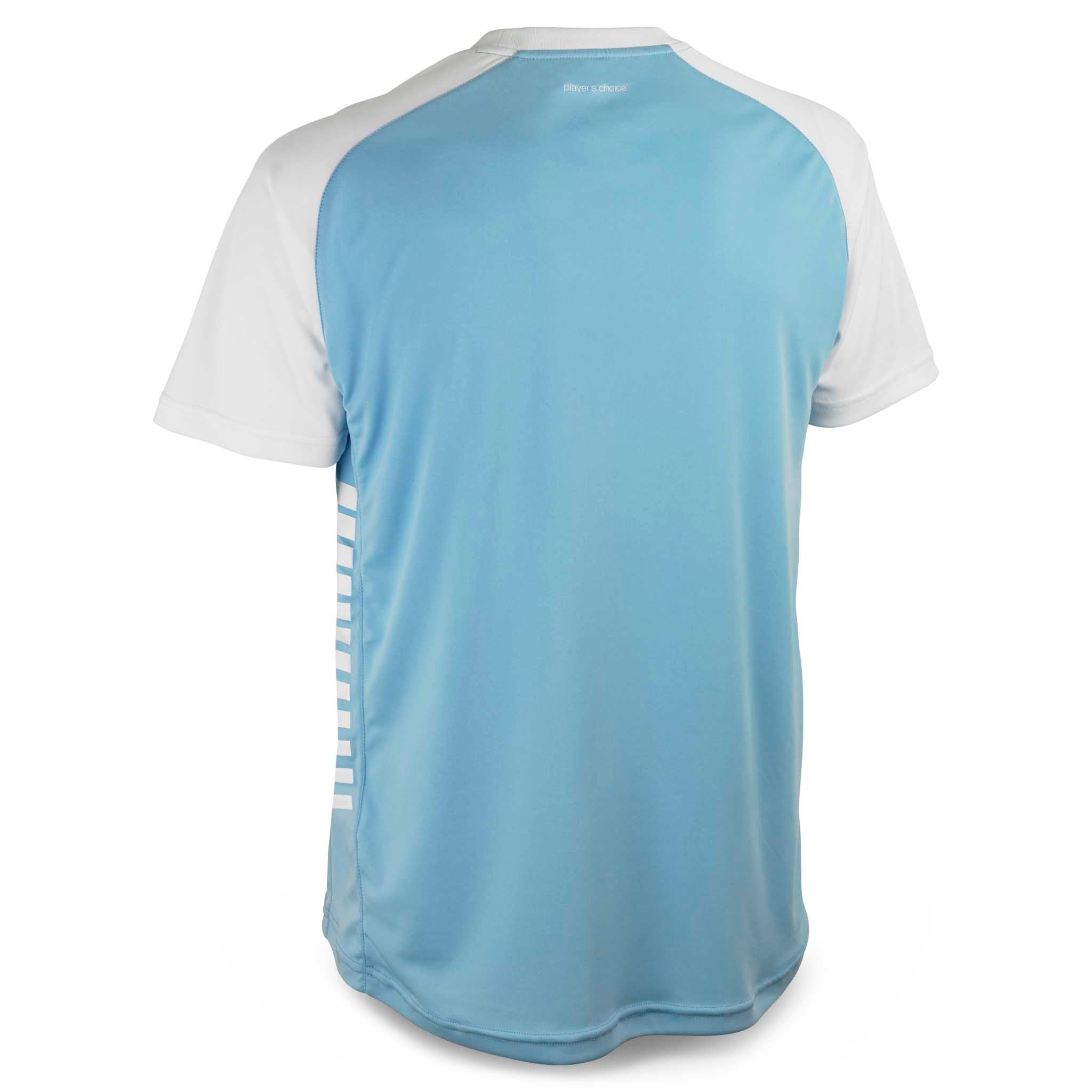 Bagside af lyseblå og hvid Player shirt S/S Pisa X, fodbold Match & Training wear.