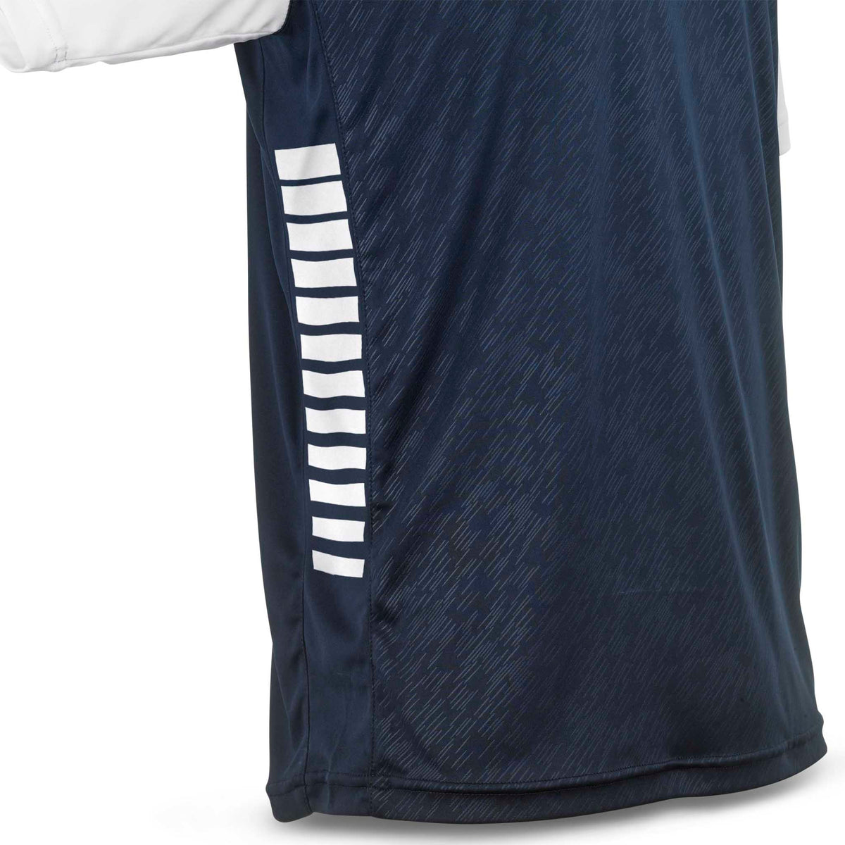 Nærbillede af navy Player shirt S/S Pisa X med hvid stribe i siden, Match & Training wear